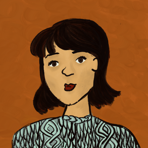 A self-portrait of Caitlin M. Chan wearing a mint blue sweater against a burnt orange background. She has tan skin, brown eyes and a dark black brown bob. She is wearing brick red lipstick.