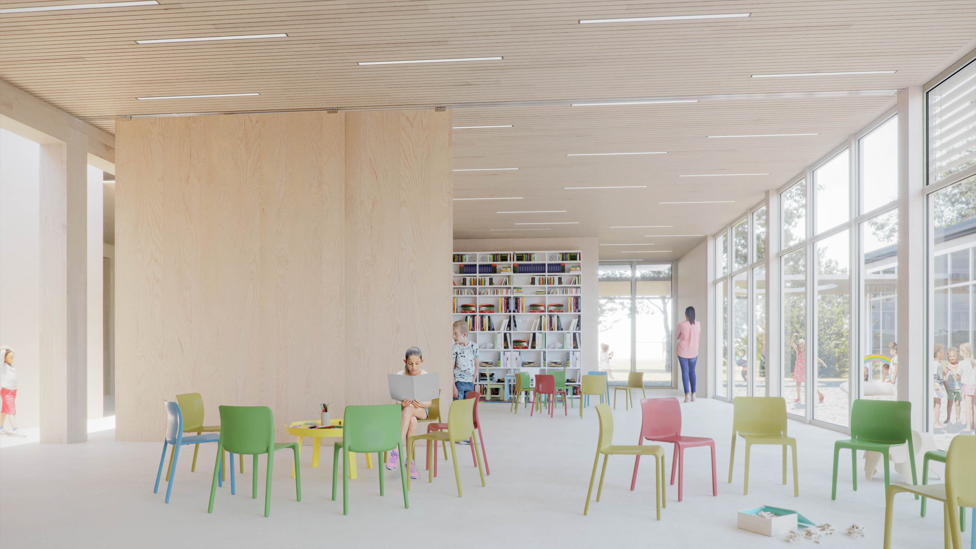 Rendering of a wooden & colourful classroom interior.