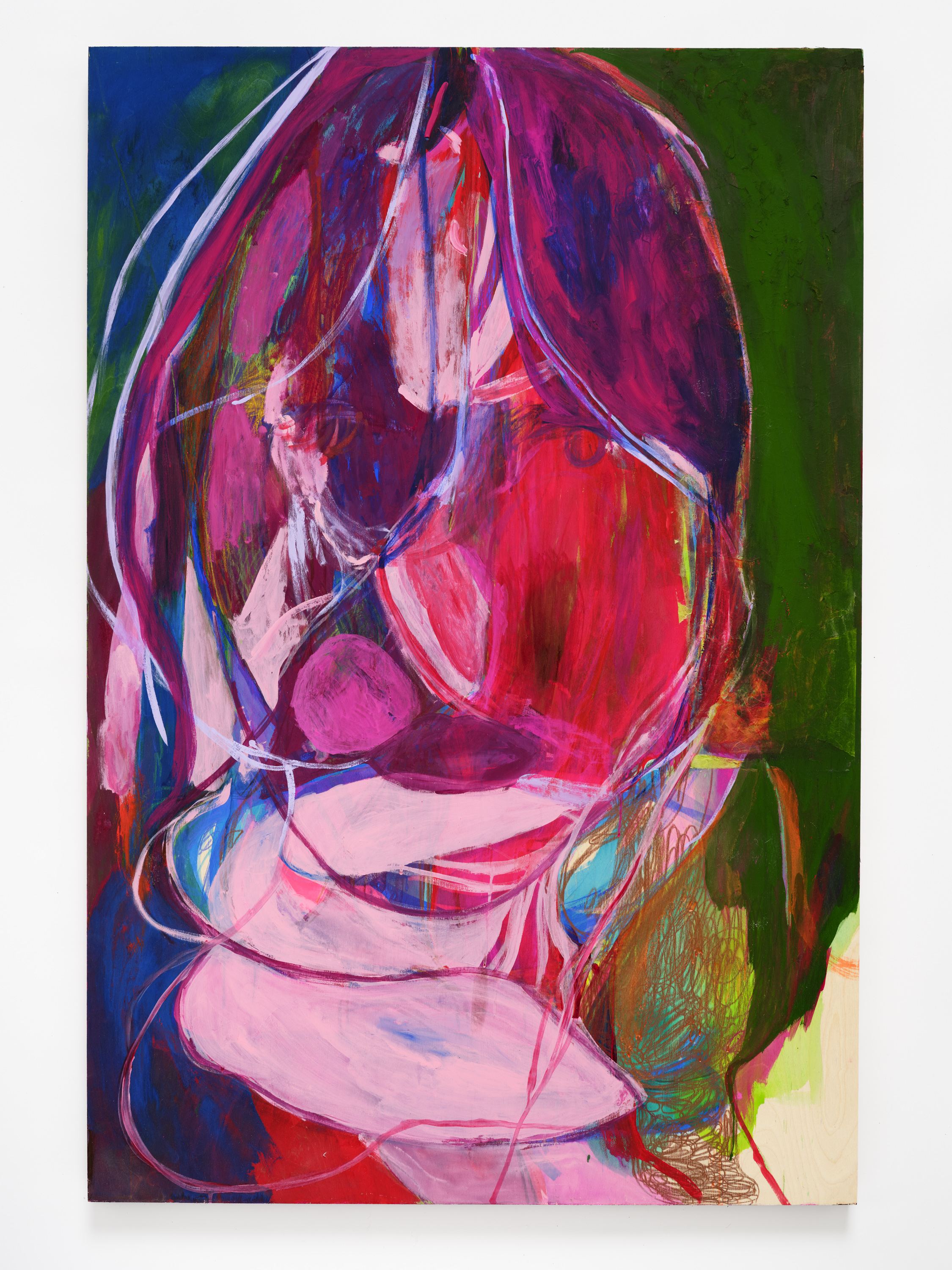 Self Portrait, 60 x 36", Gouache, Acrylic, wax pastel, and paper on wood panel, 2024