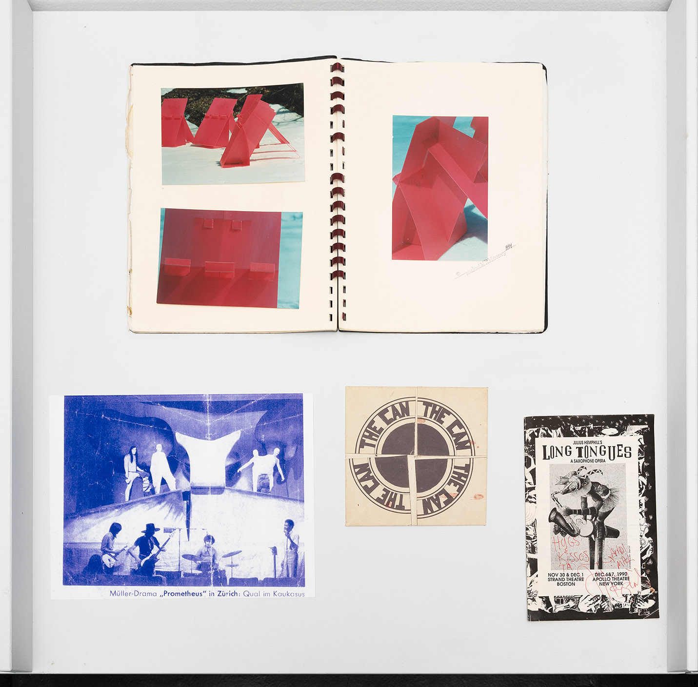 Plastic music stands, designed and built by Malcolm Mooney and commissioned by Julius Hemphill, 1994, photographed by Malcolm Mooney. Julius Hemphill Long Tongues Saxophone Opera Program. CAN, 1969, Schauspielhaus, Zurich, Switzerland, production of Prometheus Unbound, directed by Heiner Müller. Program for CAN Opera, 1969, designed by Malcolm Mooney and Francois Ryser.