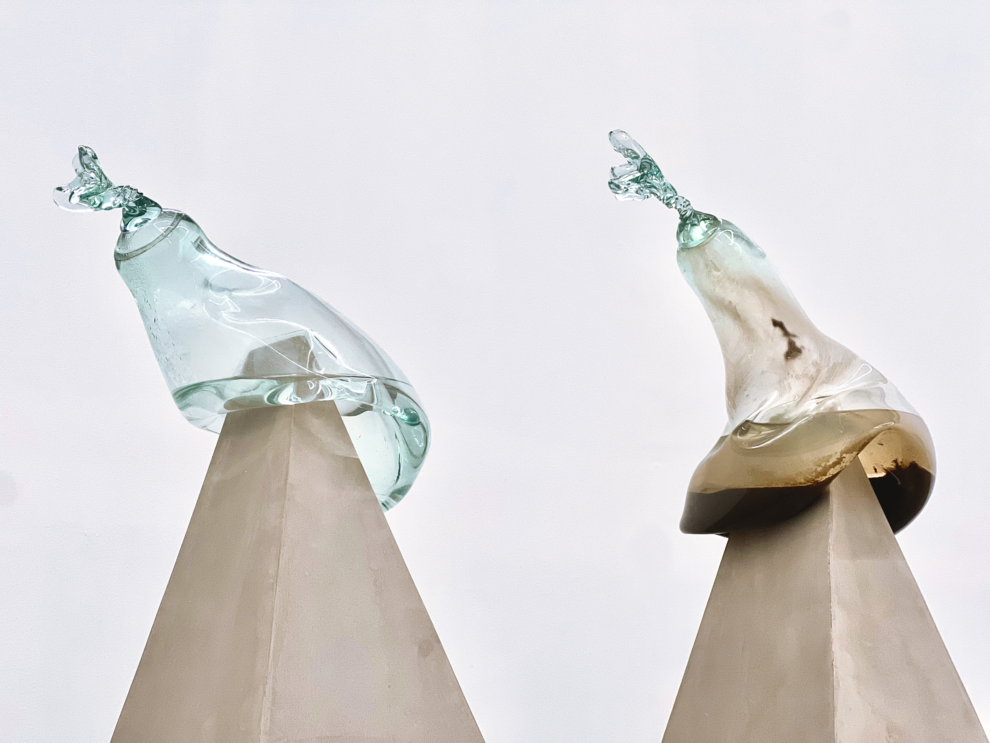 The Bags (diptych), 2023, Blown glass with underground polluted water and purified water, cement base and iron structure