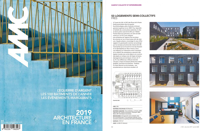 23/01/2020 - PUBLICATIONANNUEL 100 BÂTIMENTS Les 53 logements semi-collectifs de la ZAC RHD à Lille font partie des 100 bâtiments de l'année parus dans le numéro spécial d'AMC :