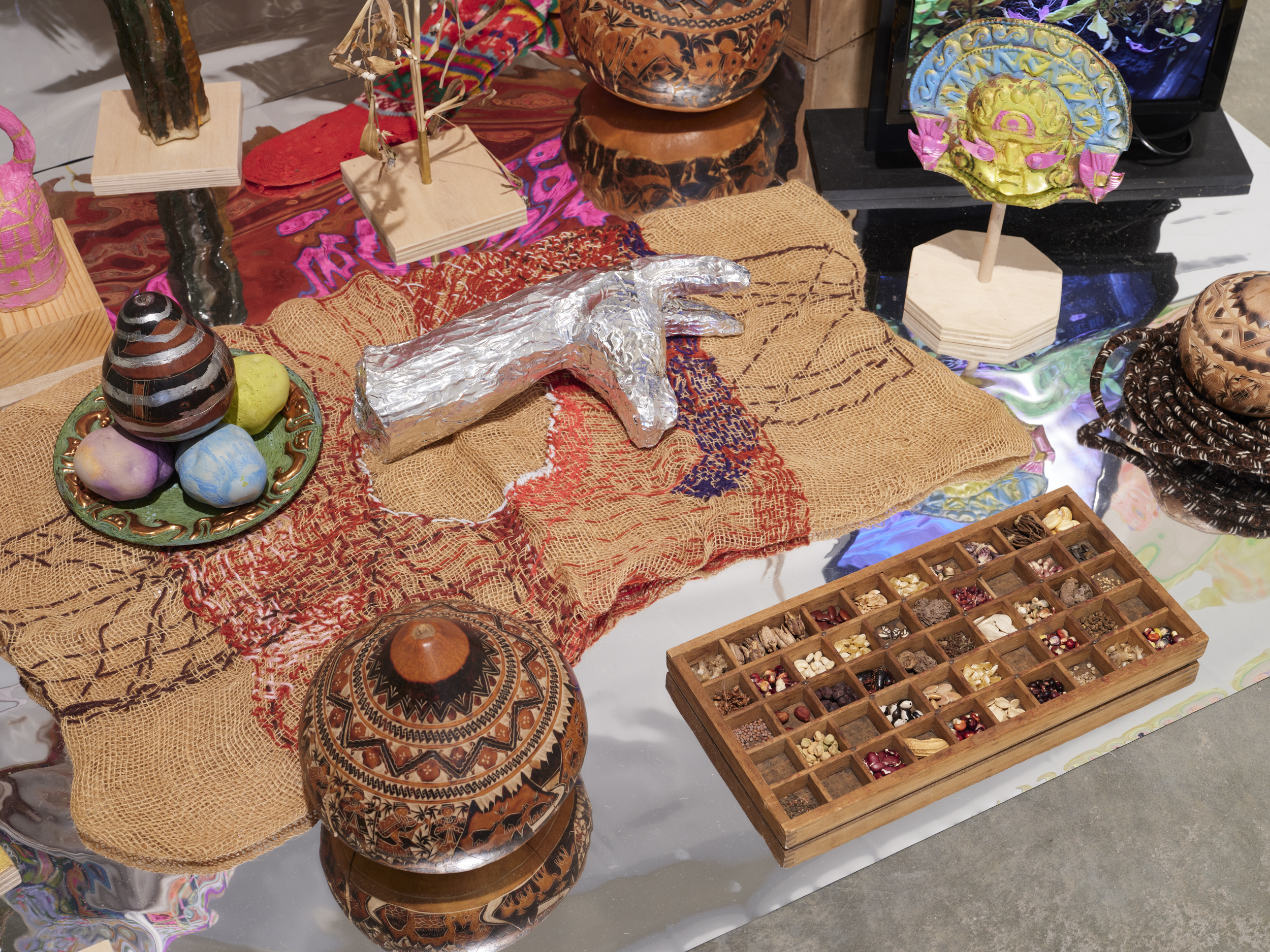 Juan William Chavez,  Survival Blanket (Decolonize the Garden from Seeds to Bees), 2025. Mixed media, 5 x 5 ft.  Photo by Flaneurshan.studio