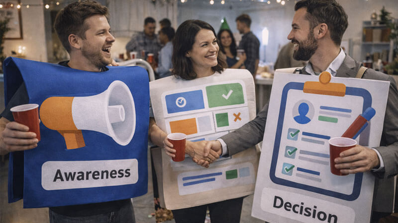 Three people in ridiculous costumes: Awareness (megaphone icon), Consideration (comparison table icon), Decision (clipboard/contract icon).