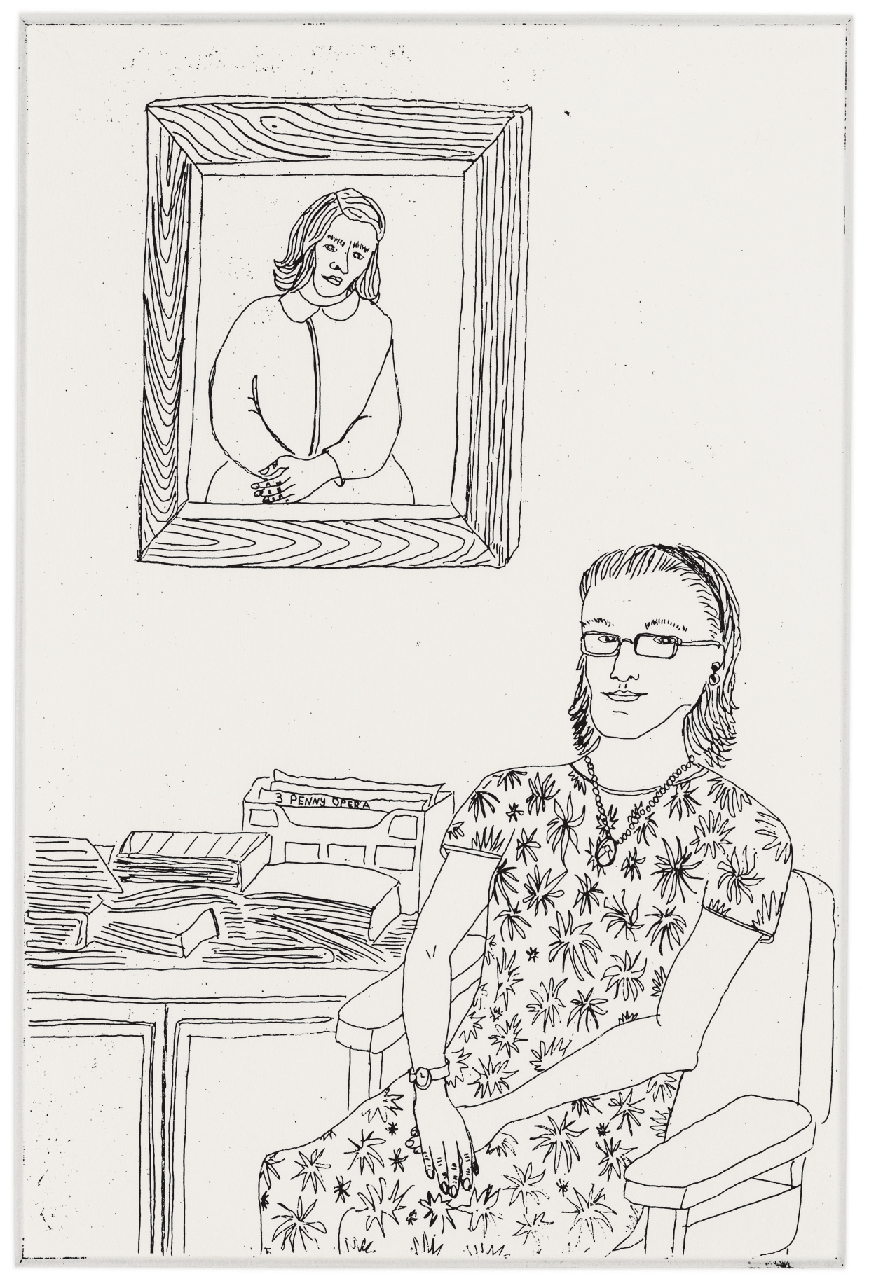 Suzanne Lovejoy, Librarian, with Her Painting of Lotte Lenya, 2003. Etching; 6 &times; 4 inches