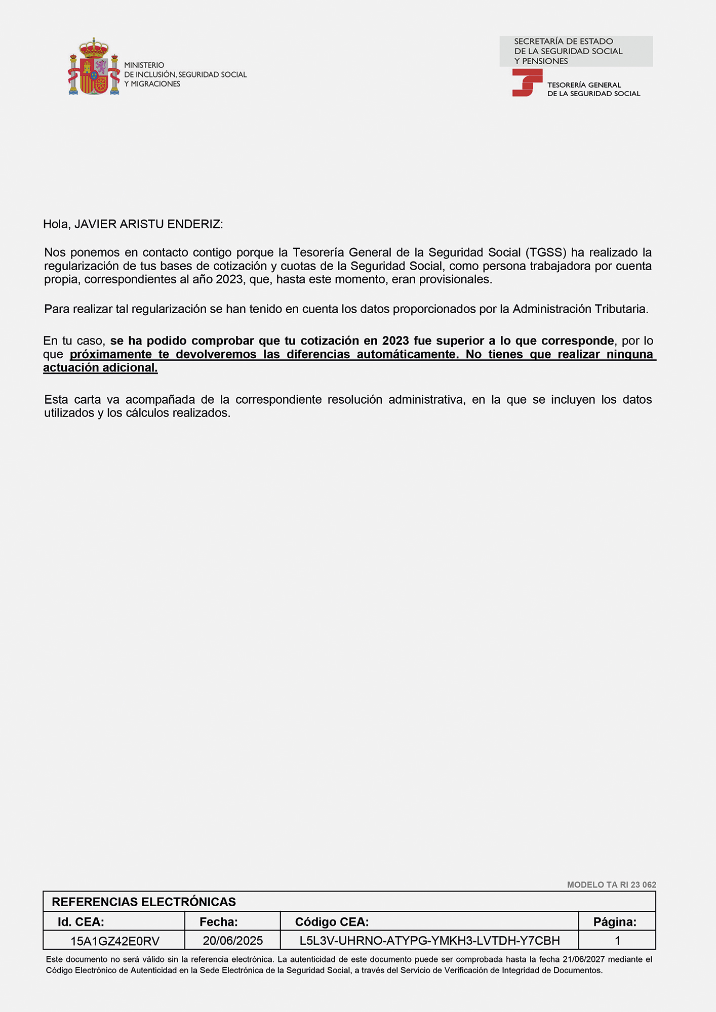 Comunicación de la regularización de la base de cotización y cuotas de la Seguridad Social, Madrid, 2025