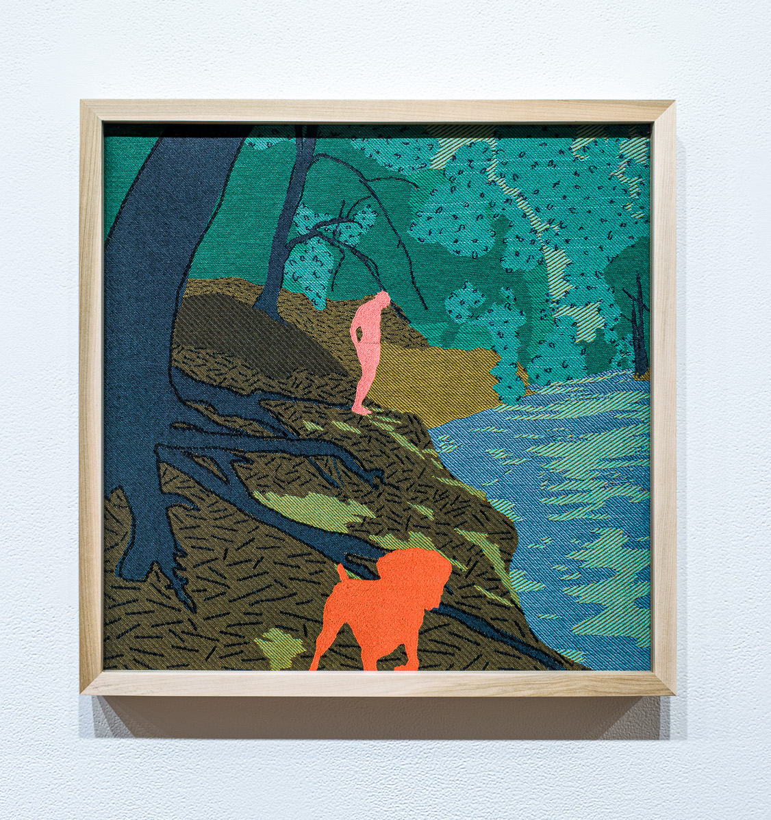 Meeting Site: Riverbank, 2023, 20" x 20", Jacquard woven cotton and rayon with cotton embroidery