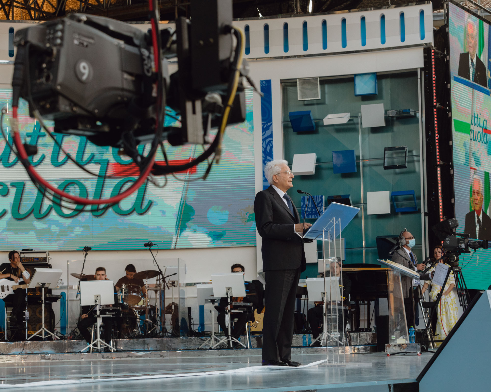 The President of the Italian Republic Sergio Mattarella on the stage of “Tutti a scuola”, the annual opening ceremony of each school year, was held on Monday 14 September 2020 at the Guido Negri school in Vo’