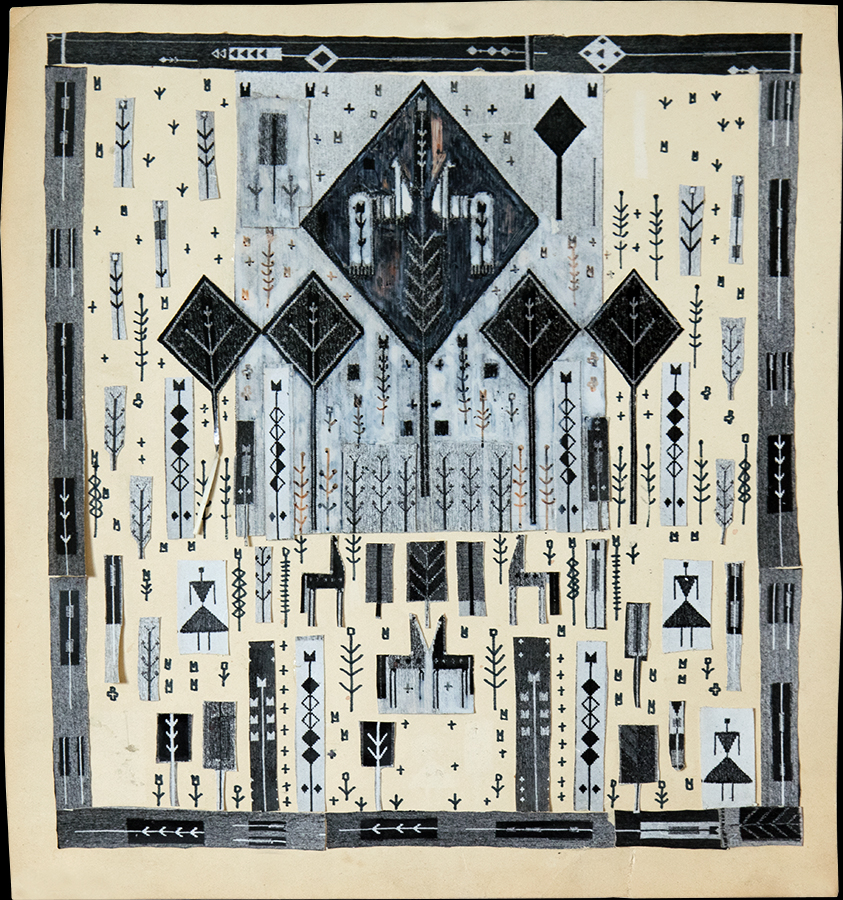 Design for handmade carpet. Collage on cardboard. 1970's