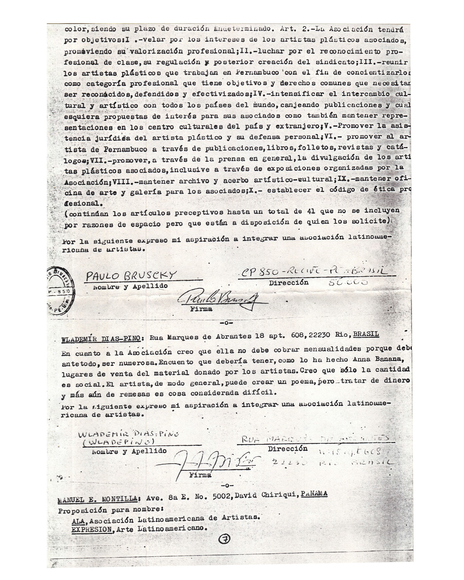 Circular Manifiesto Asociación Latinoamericana de Aristas Asociación Latinoamericana de Artistas, Texto, Argentina, 1983