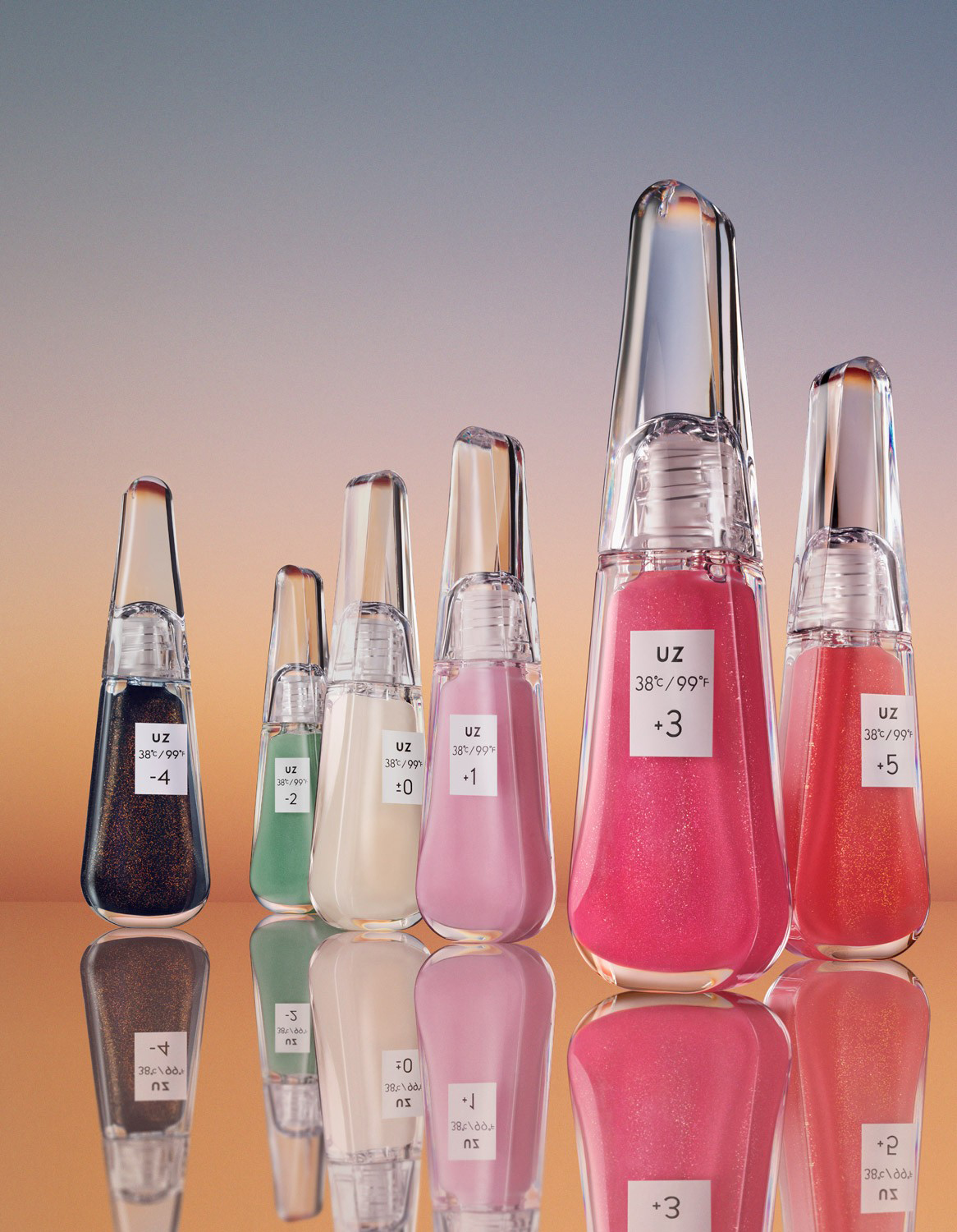 KMA stylist Rachel Haas designs set for photo of colorful lipgloss tubes standing on a mirror with orange background for UZ 