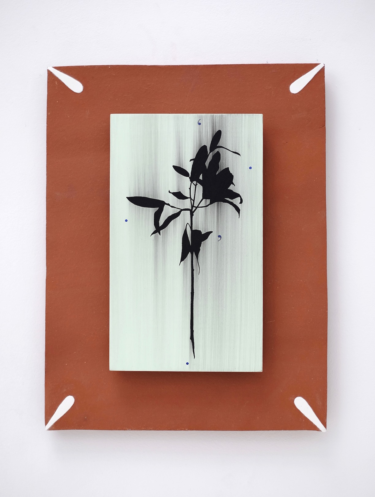 Untitled 2021, acrylic, ballpoint and plaster on aluminium and terracotta tile, 39.5 x 30.5 cm