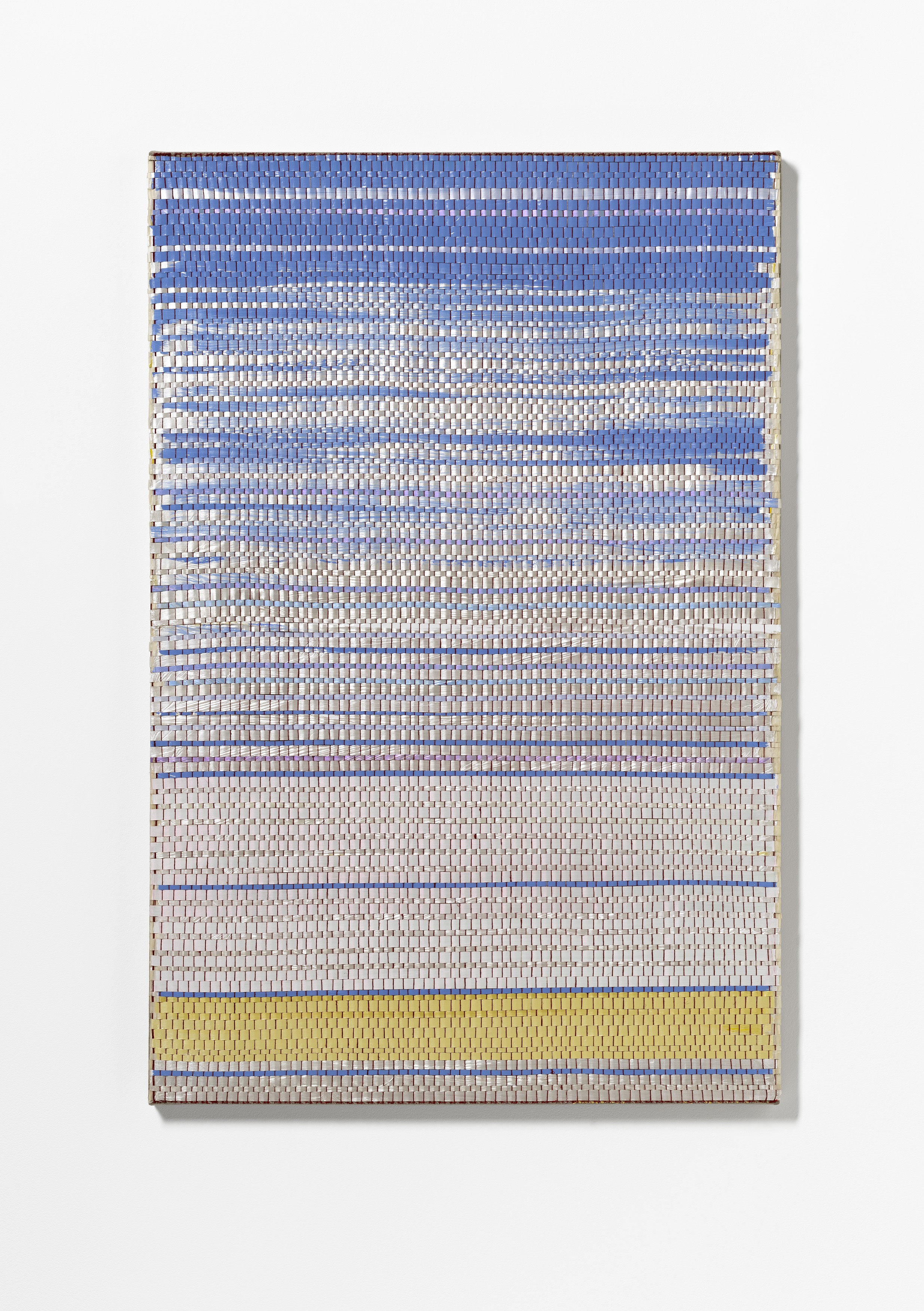 Trailing clouds 2025 synthetic polymer emulsion, iridescent pigment, Japanese kozo natural paper, linen and cotton thread on linen 92h x 61w cm. Photo by Mark Ashkanasy