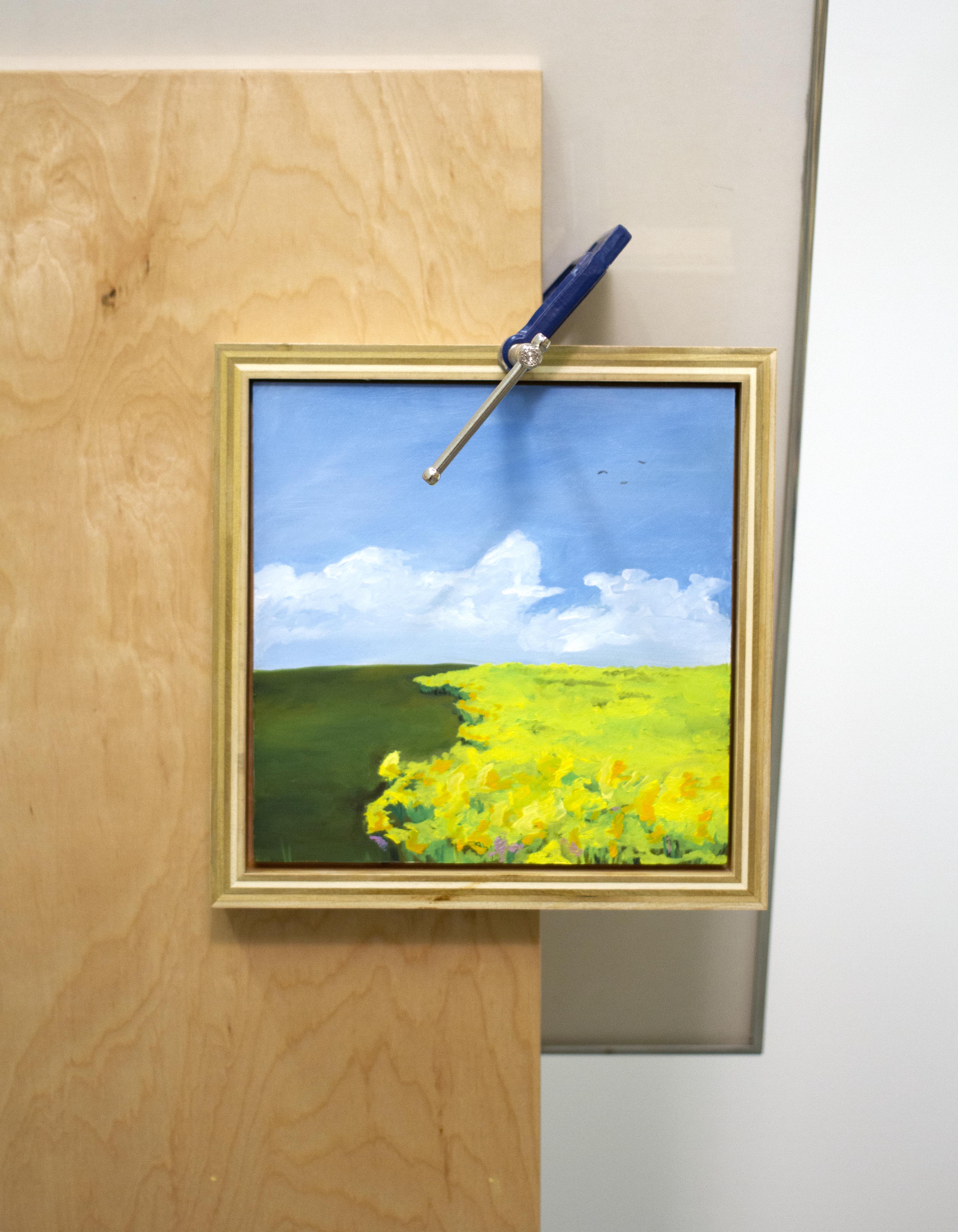 Detail of Goldenrod, 2019, 52" x 26" x 20". Frame, epoxy resin, oil on panel, wood, polyurethane, c-clamp, oil can