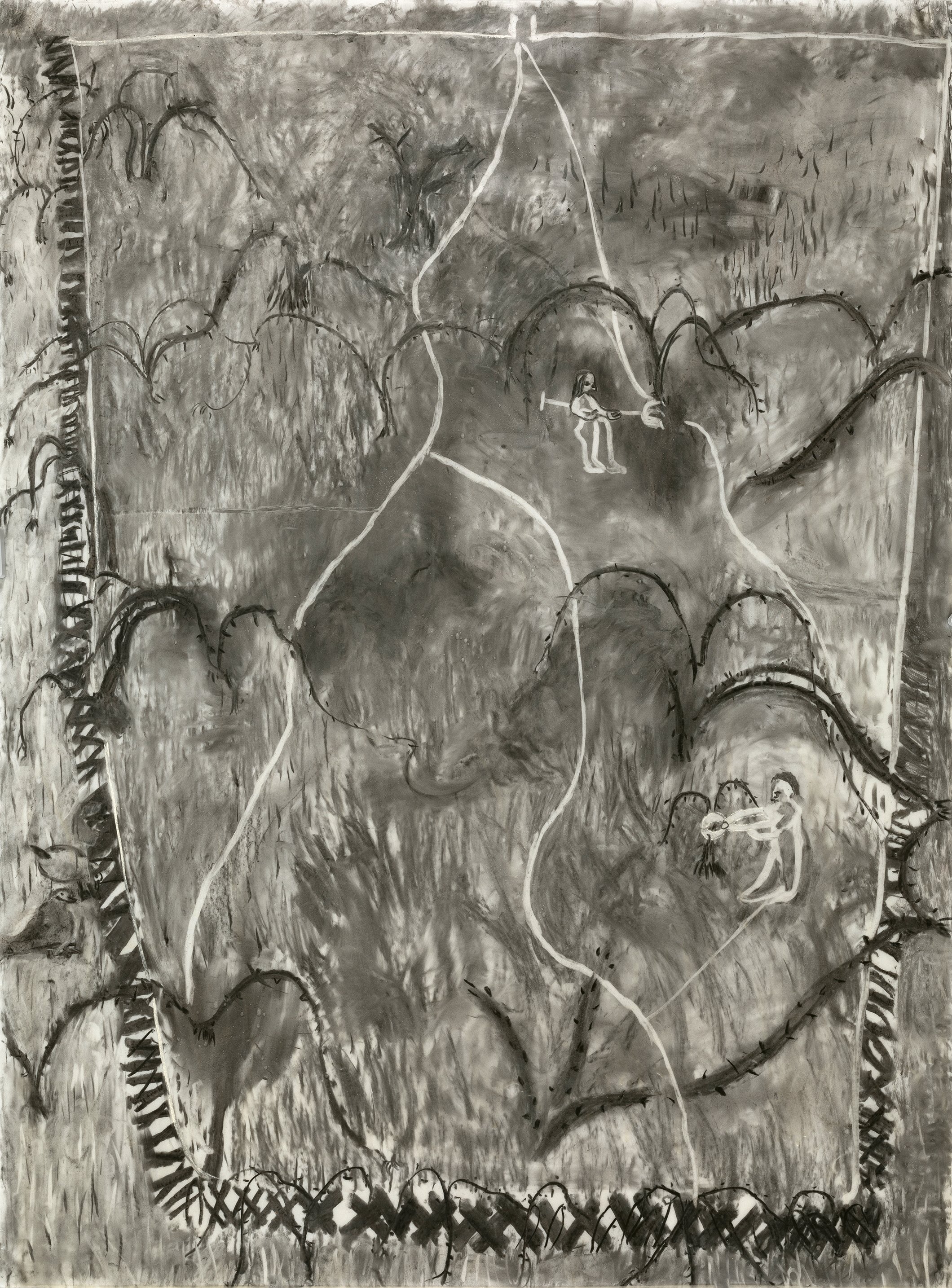 Pulling Blackberries in Wintergarden, 120 x 90 cm, charcoal, wax on paper, 2020