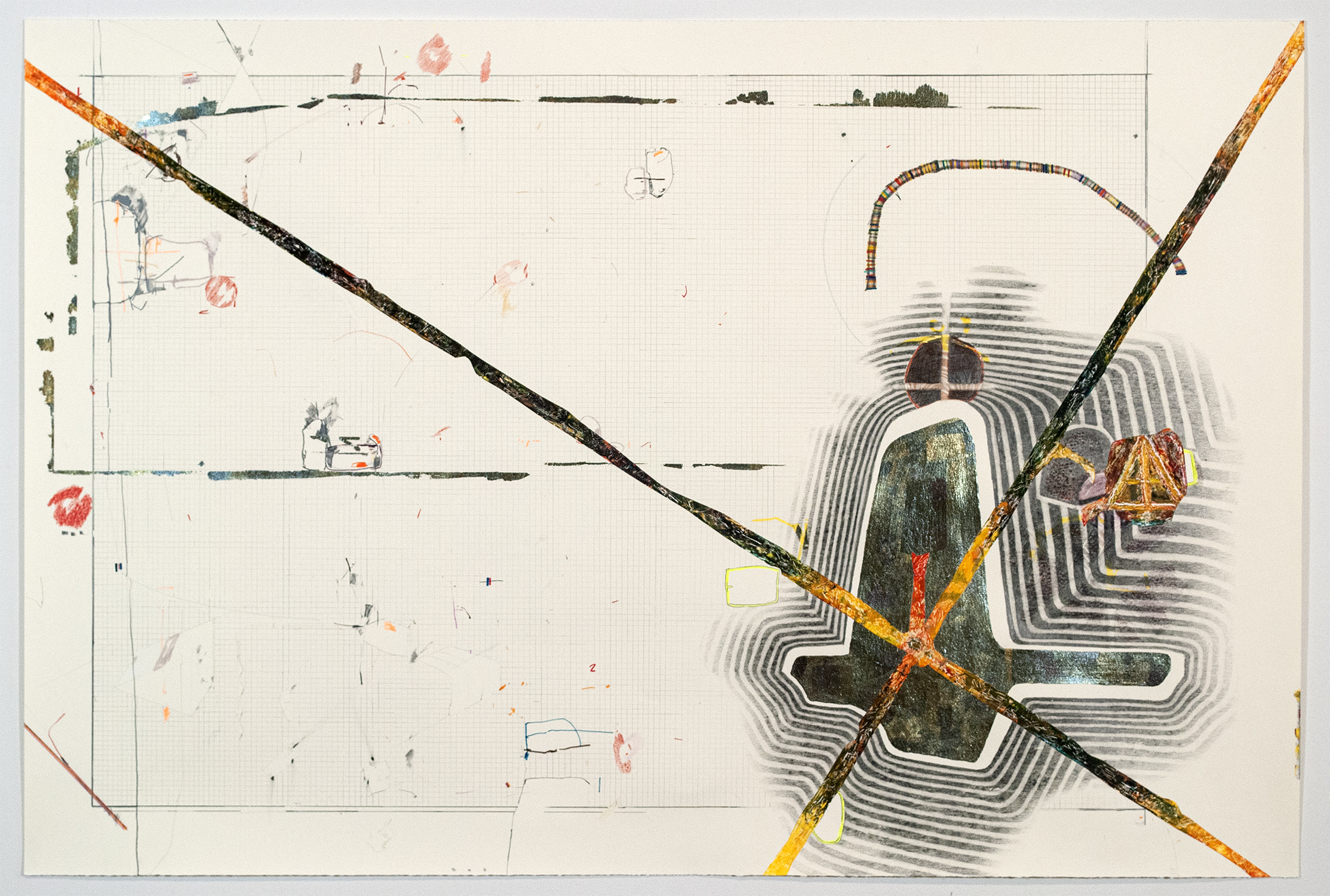 X  Ink, graphite, variegated leaf, colored pencil, gesso and oil pastel on paper.   2013 - 28 x 38