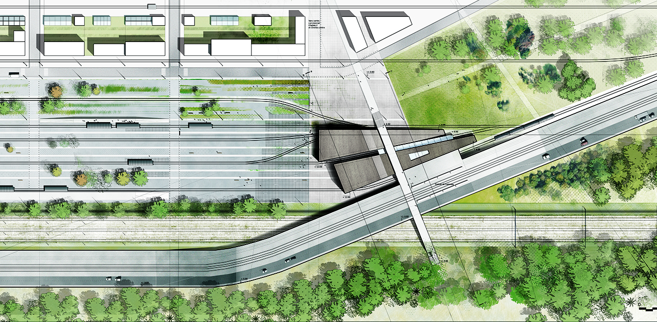 Plan masse pour le Projet de Fin d'étude de Iris Chervet - "Caravansérail" Projet de requalification paysagère d'une friche ferroviaire - Master recherche - ENSAPVS - Février 2014 - Sous la direction de Alain Pelissier, Sylvie Salles et Rémi Lacau