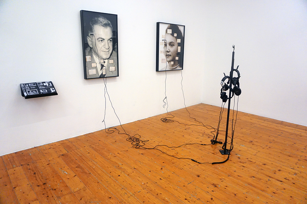 Episode 1: Dear Daddy 2015 sound by James Hayes 2 Framed photographs with embedded soundtracks, metal stand, ear phones & cords