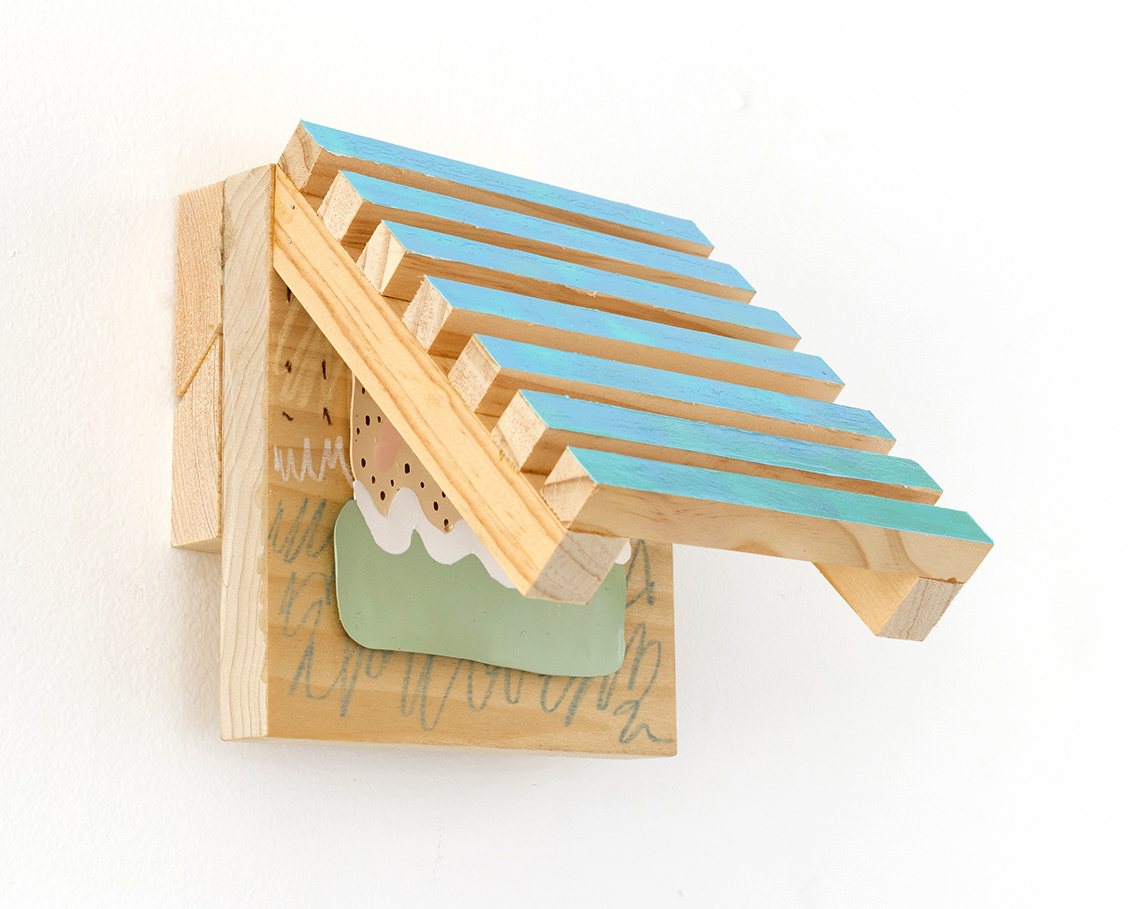 Tar Sand Sun Tan, 2018, 6” x 5.5” x 6” Pine, acrylic, prismacolor pencil, foil paper