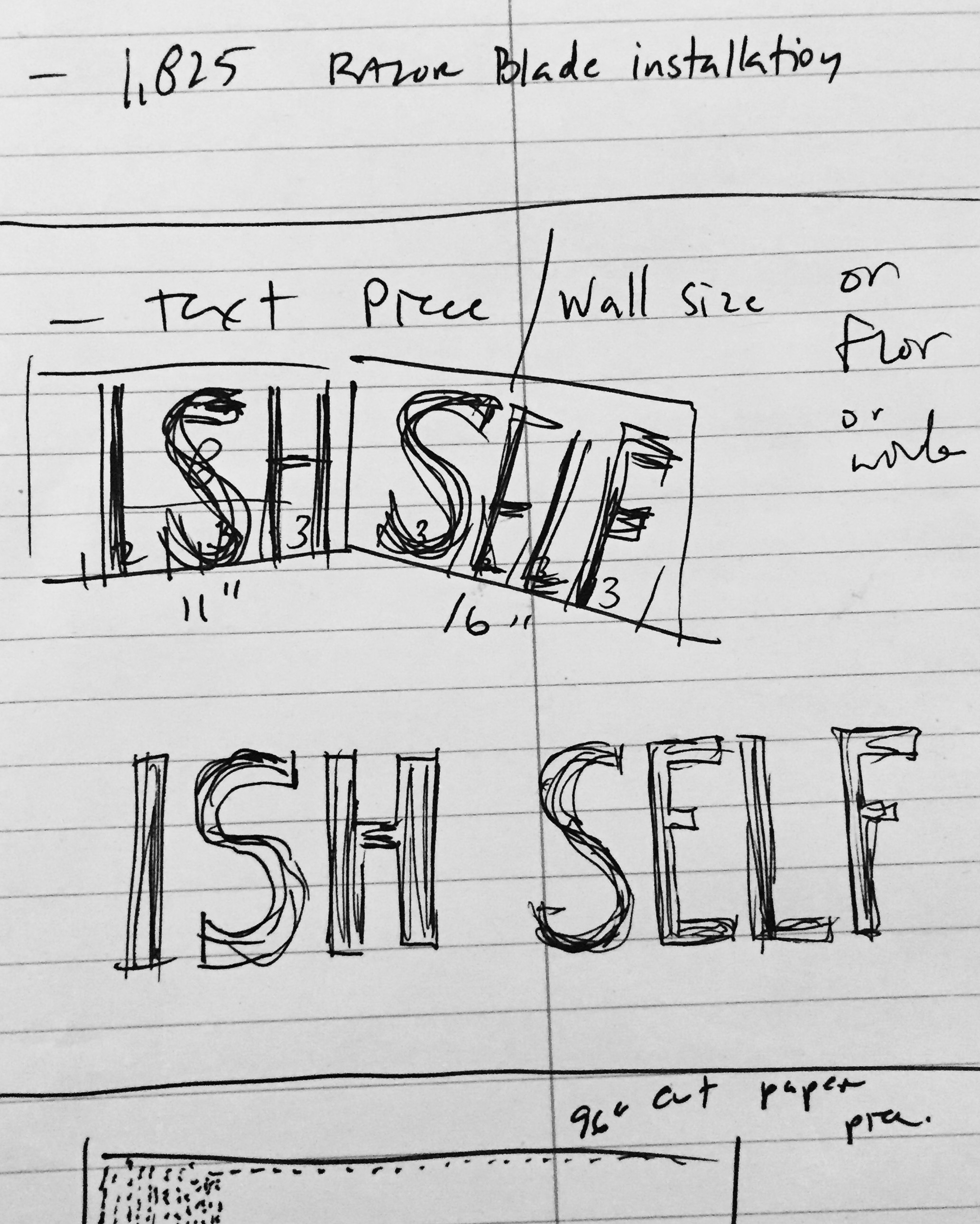 3/5 — SELFISH.  Site-specific installation created for the exhibition Hiding in Plain Sight, curated by George William Price at the Chicago Artist Coalition; hand-cut paper, packing tape; text on floor "SELF" measure 144" x 48" each, text on window "ISH" 96" x 48" each) 2017.