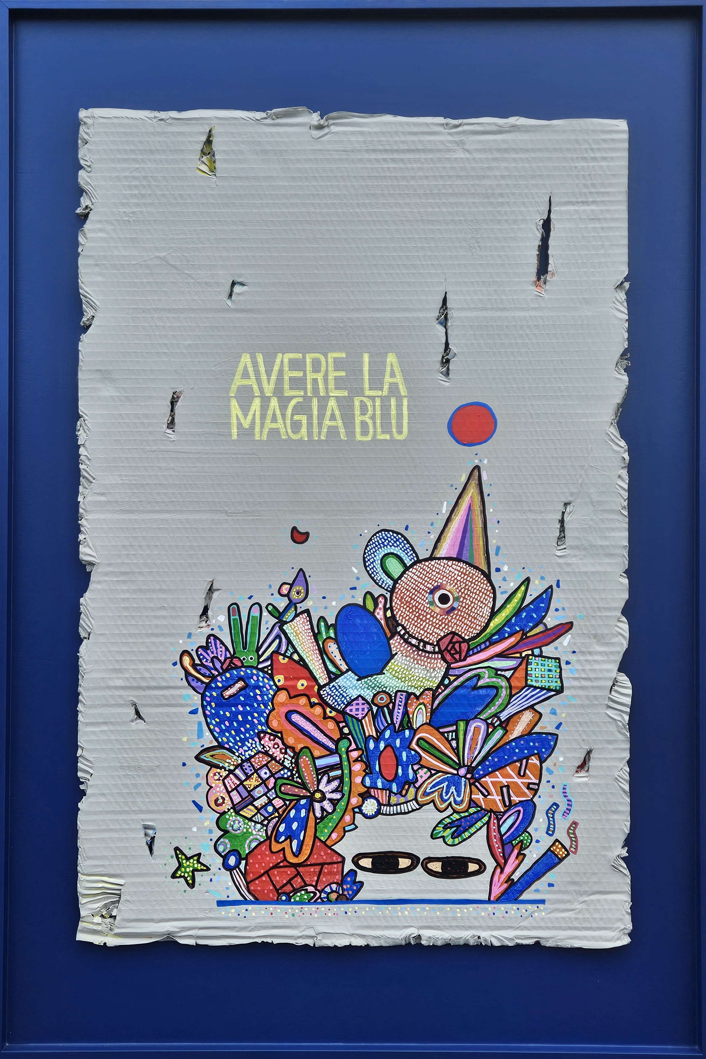 許願先生 - 擁有藍色蛋的許願鳥 壓克力顏料.紙板.訂製木框 Acrylic, cardboard, Customized wooden frame Cm 54.5 x 83.5 / 70 x 105,  2024