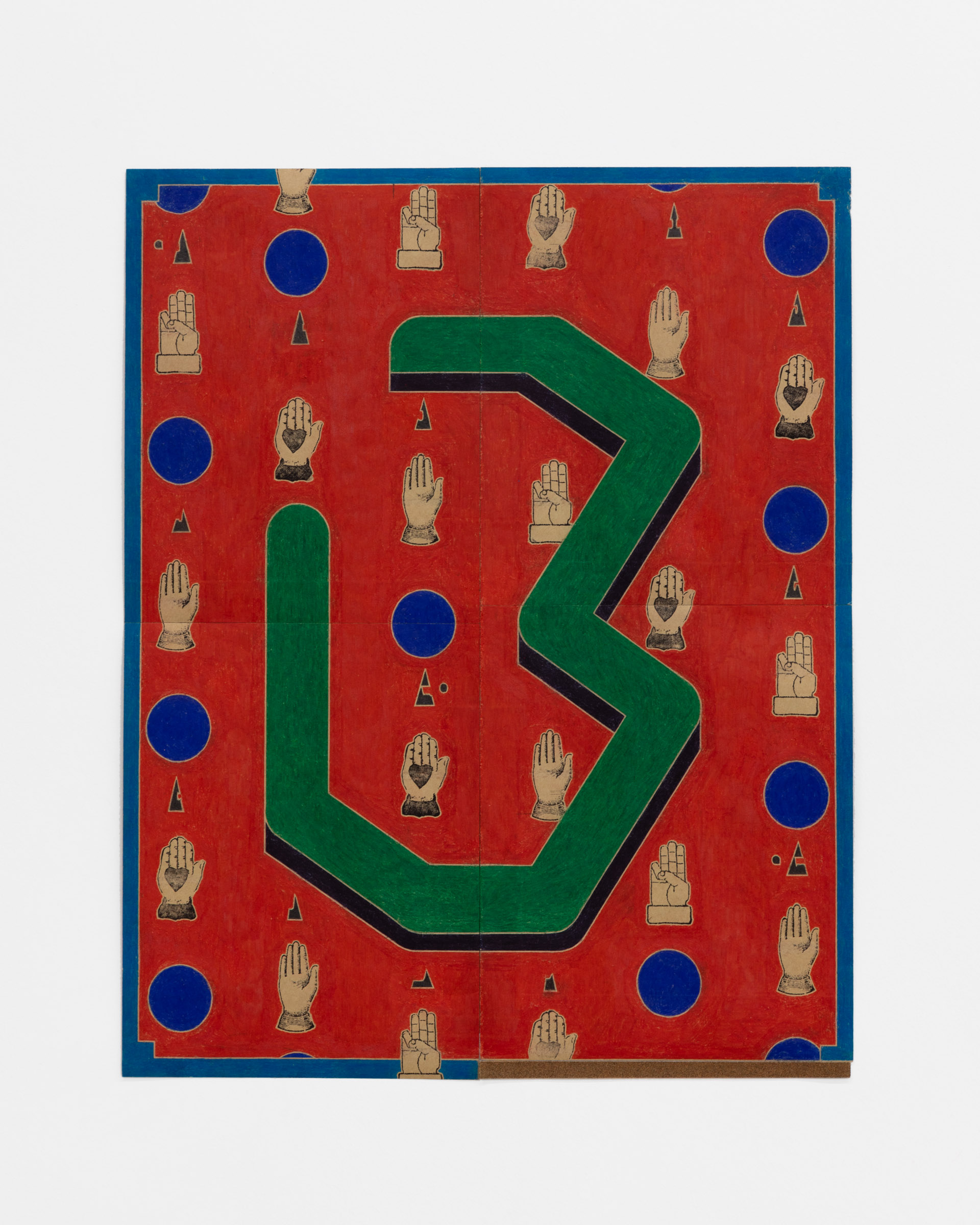 Toru Otani 'Hand signs and green structure' 2022 Color pencil on abrasive paper