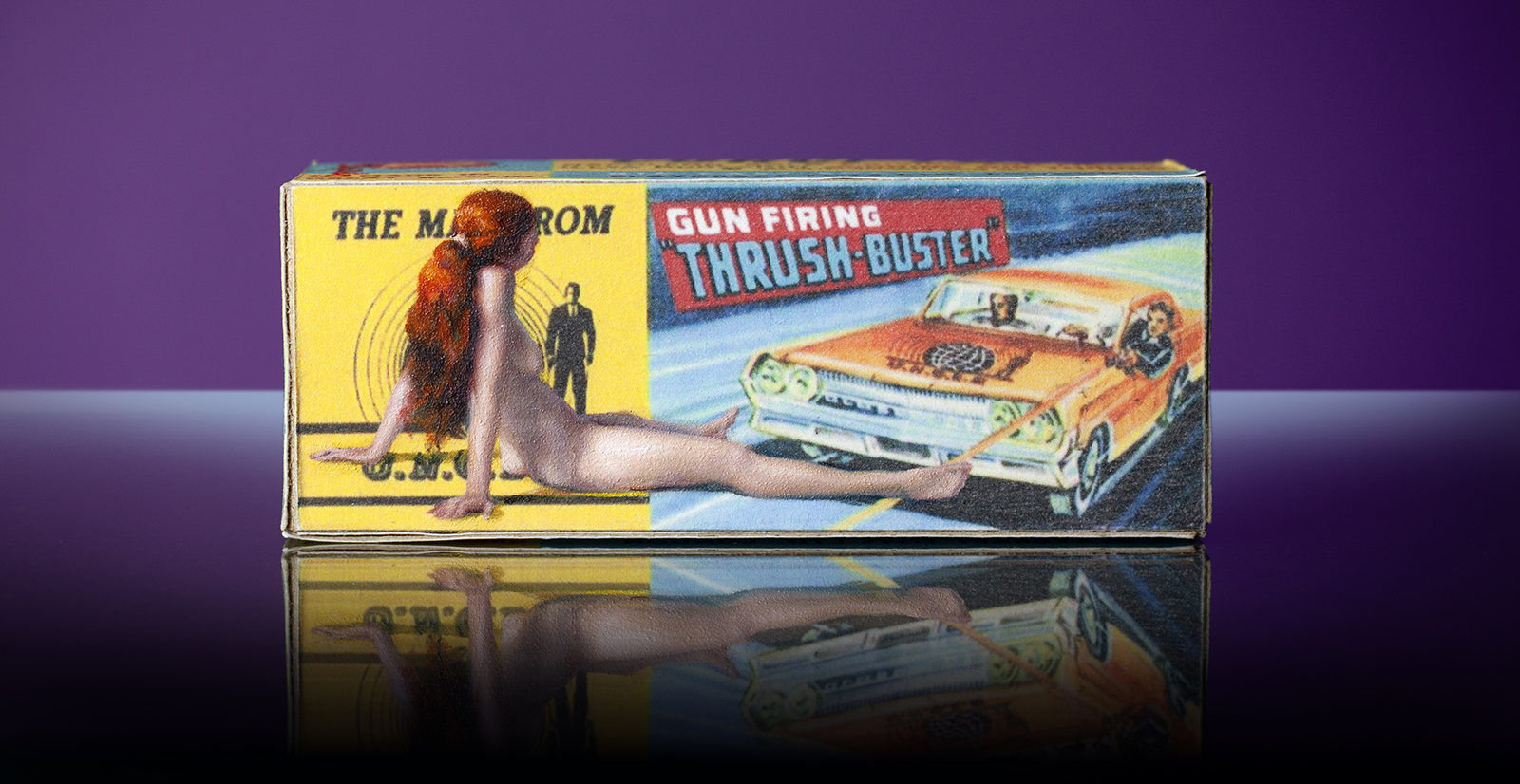 'Thrush-Buster'. Oil paint on replica Corgi Toys box. 11.2 x 4.3 x 3.5 cm