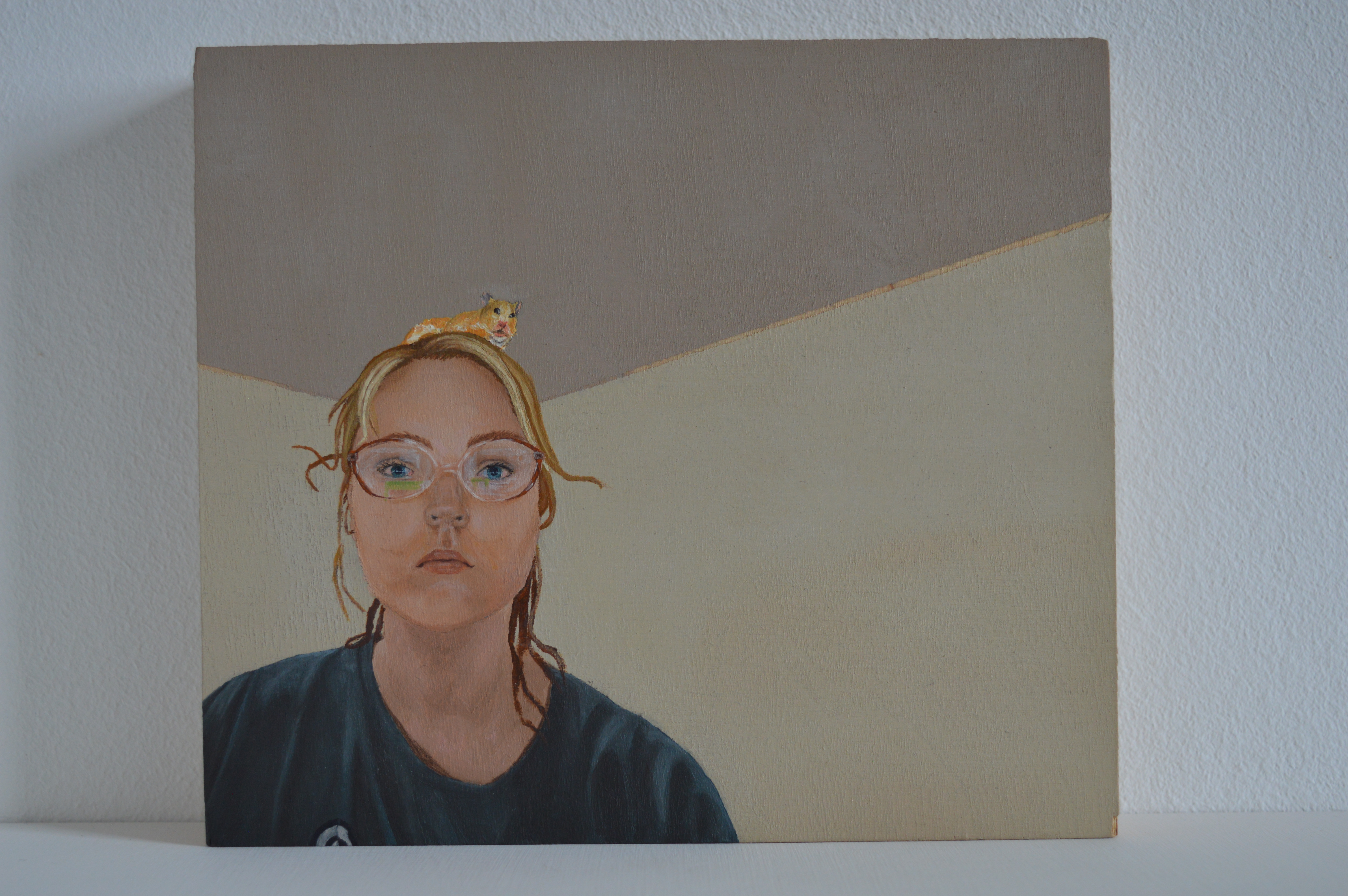 bonne nuit, pierre   oil on plywood, 14 x 16 cm   A self portrait with Pierre, completed after her death. 