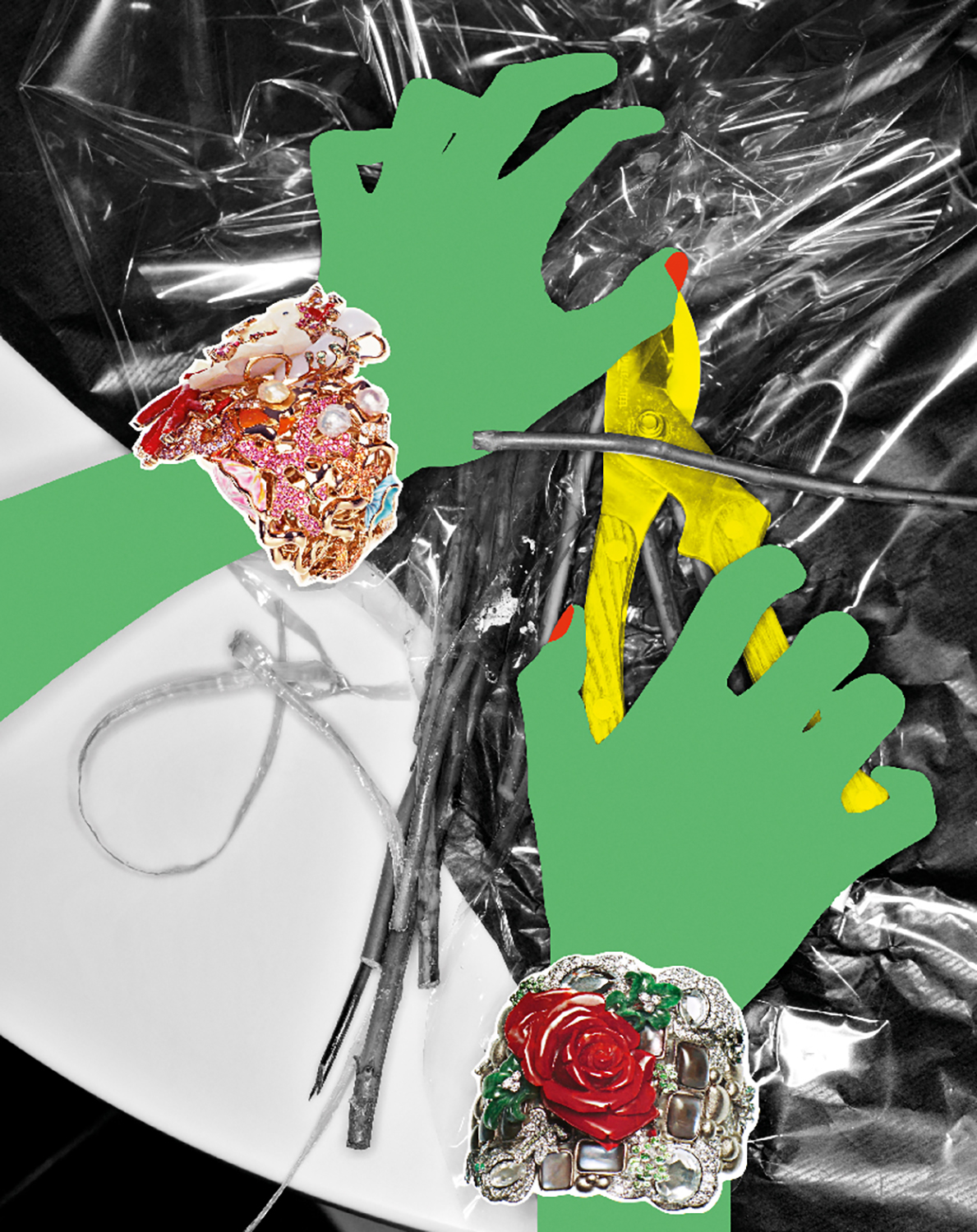 KMA photographer Isabelle Bonjean shoots green hands with big bracelets and grey background for Vogue Japan