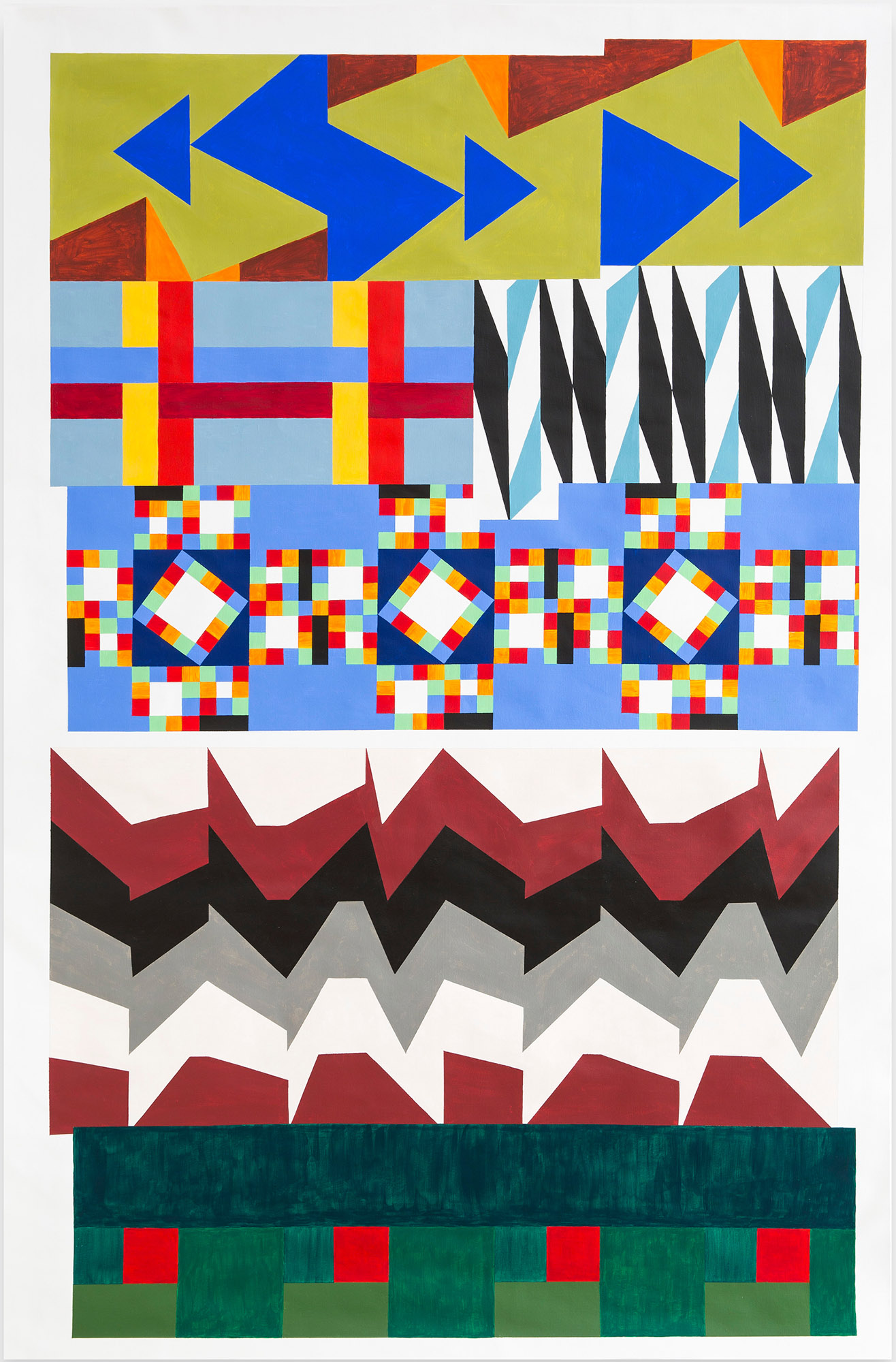 A visita de Max Bill – Lauand/Clark/Ludolf/Bill, 2017. Acrílica sobre papel preparado com gesso, 150 x 90 cm.