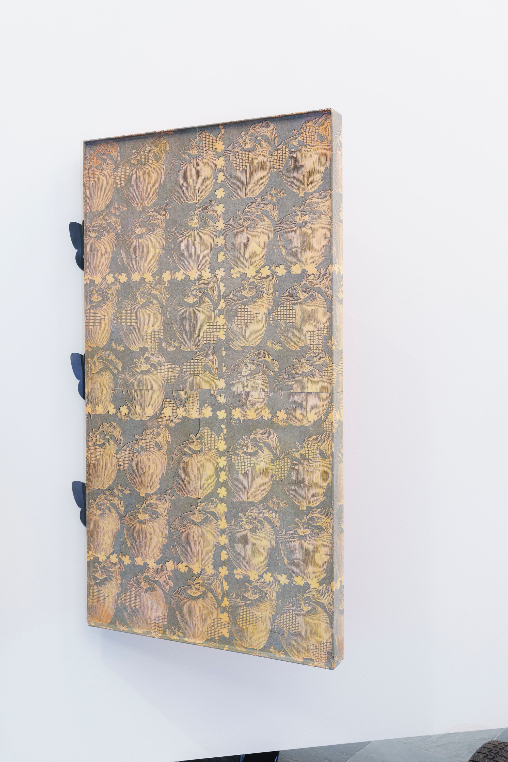 (F1) How Long Does It Take for the Apple to Fall from the Tree? 1, 2023, Mixed Media Object, Multicolored Relief Print on Paper, 148 x 75 x 8 cm