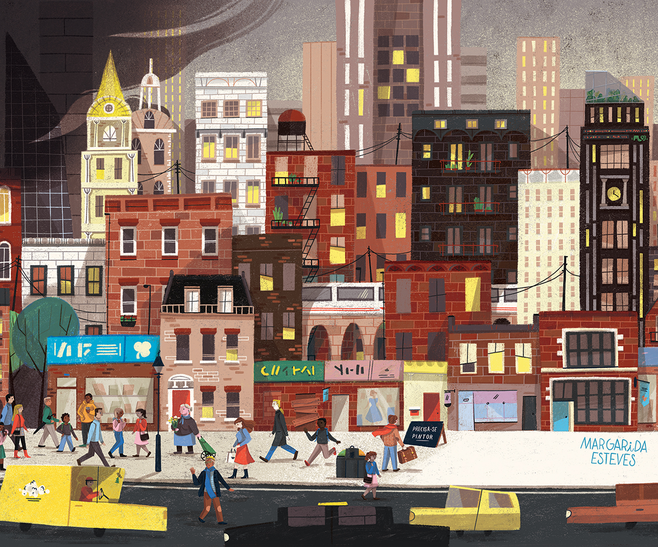 Buildings, cars, people and movement in a big smoky city.