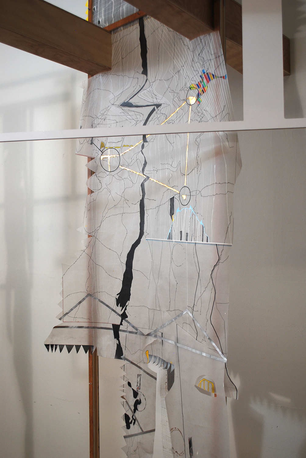 ghost of pj  Ink, graphite, metallic tape, aerosol and gold leaf on paper and mylar. Laminate and wood. Paint and incisions on wall. 2011 - 103 x 40 x 28