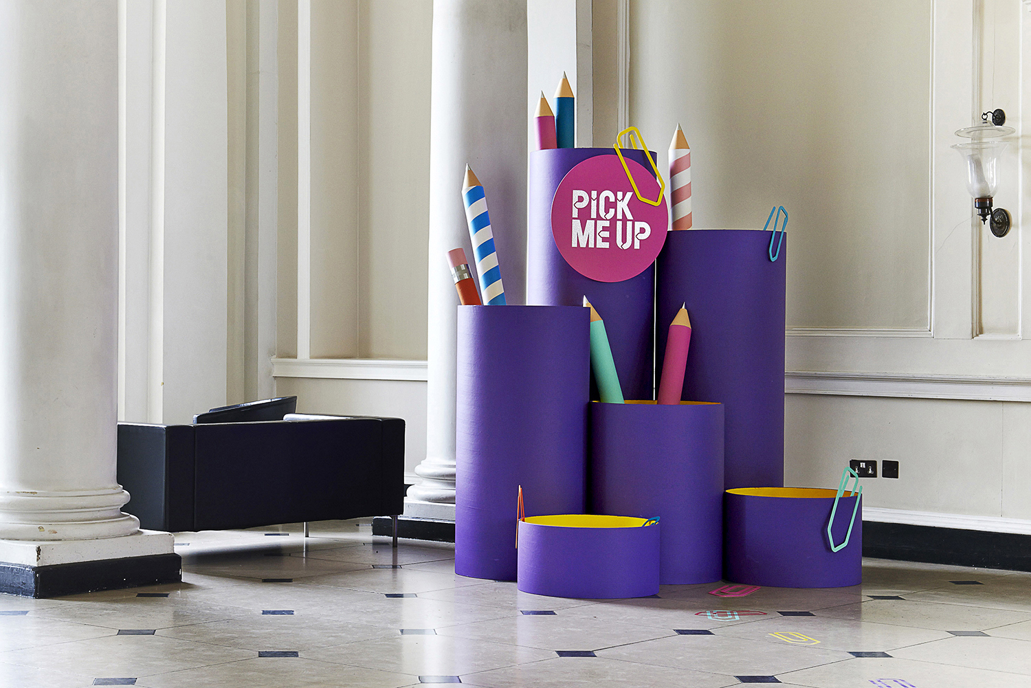 Pick Me Up Graphics Arts Festival, Somerset House, London. Collaboration with Studio EMMI on visual identity and three dimensional elements integrated throughout the exhibition space   Photography Jess Bonham