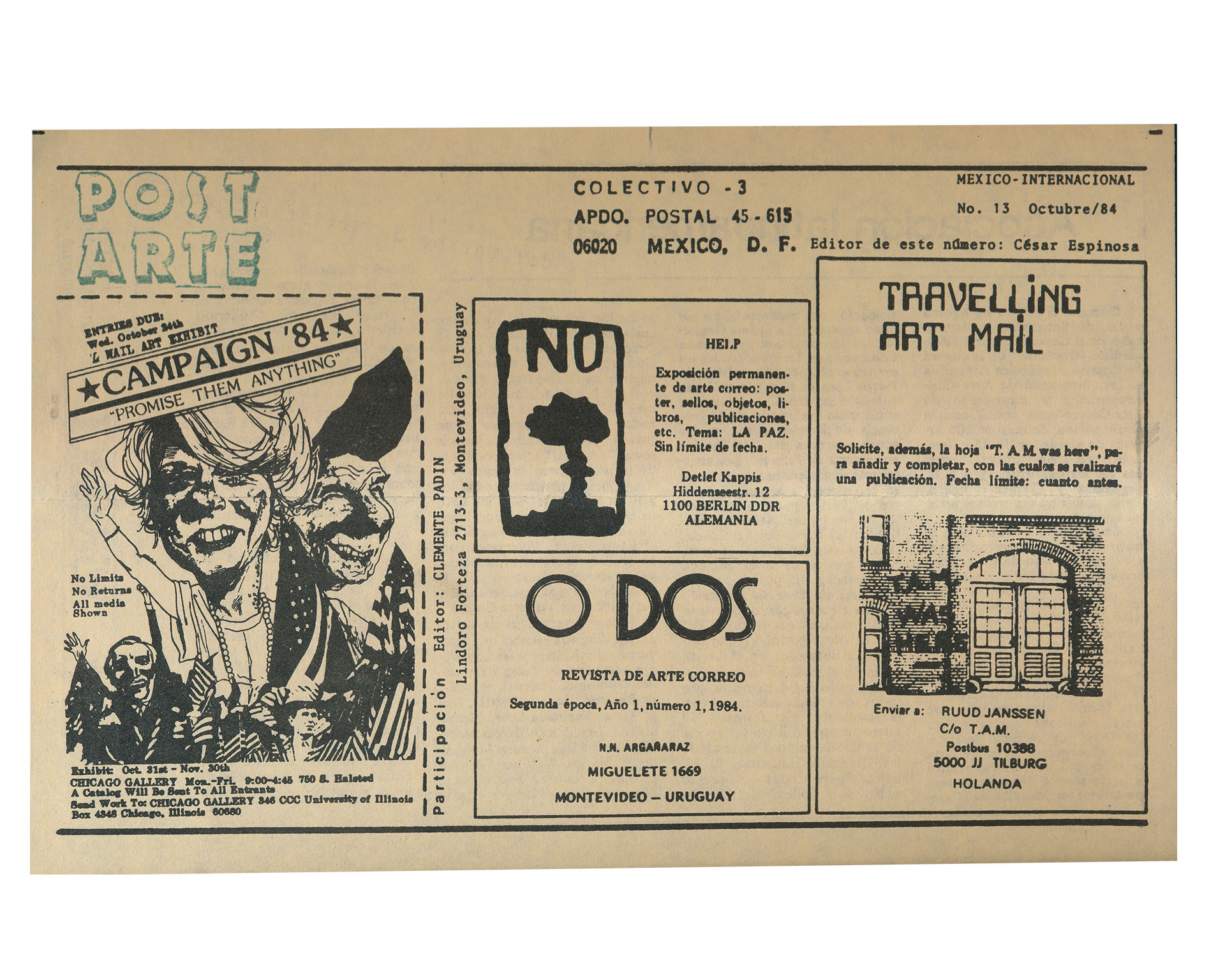 Post Arte Boletin Uruguay, Clemente Padín, Hoja, Uruguay, 1984
