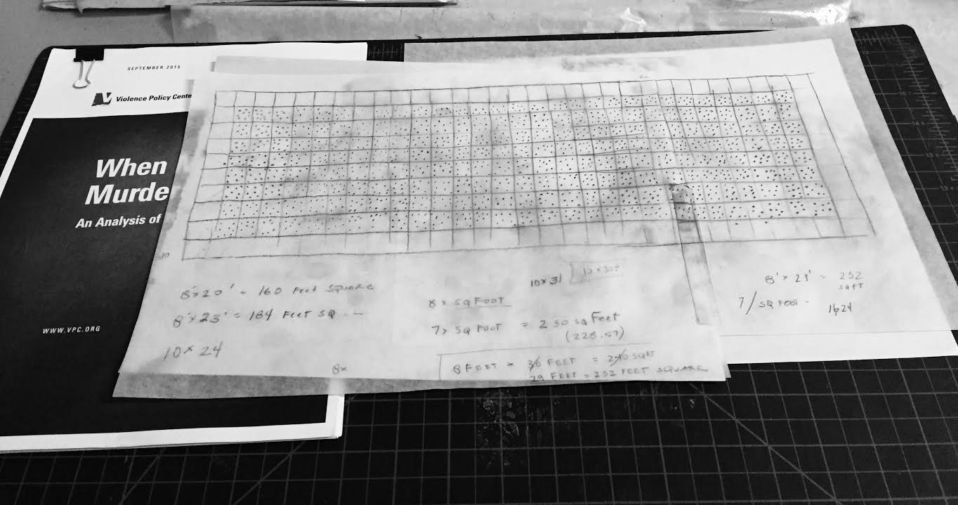 2/3 — BLUE VALENTINE (1,600 ROSES).  Blue Valentine's primary work is an installation of approximately 1,600 live-cut red roses in individual vases. The exact number of roses comes from statistics from the National Violence Policy Center. Their September 15, 2015 report shares that more than 1,600 women are murdered by men in one year in the United States, with 94 percent of women killed by men killed by someone they knew--of the victims who knew their offenders, sixty-two percent were wives or other intimate acquaintances of their killers. Different varieties of roses will reference the varying percentages of these statistics. The project's title Blue Valentine references the 2010 romantic drama of the same name. Studio study, 2016.