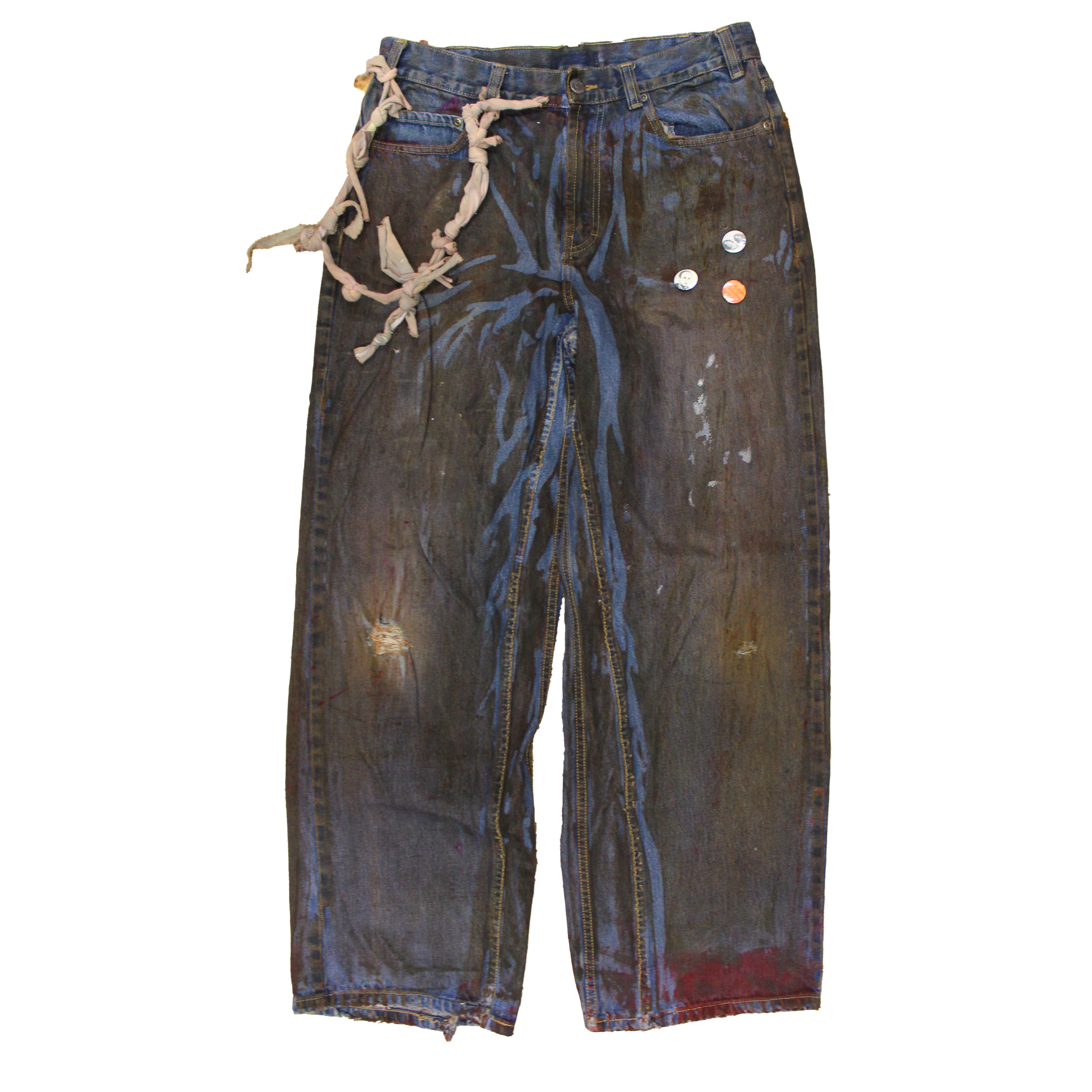 reclaimed vintage surplus denim screen printed with textile dye & various metals. tailored for straight/wide fit. fitted with custom keychain, scrap chain, and leather patches