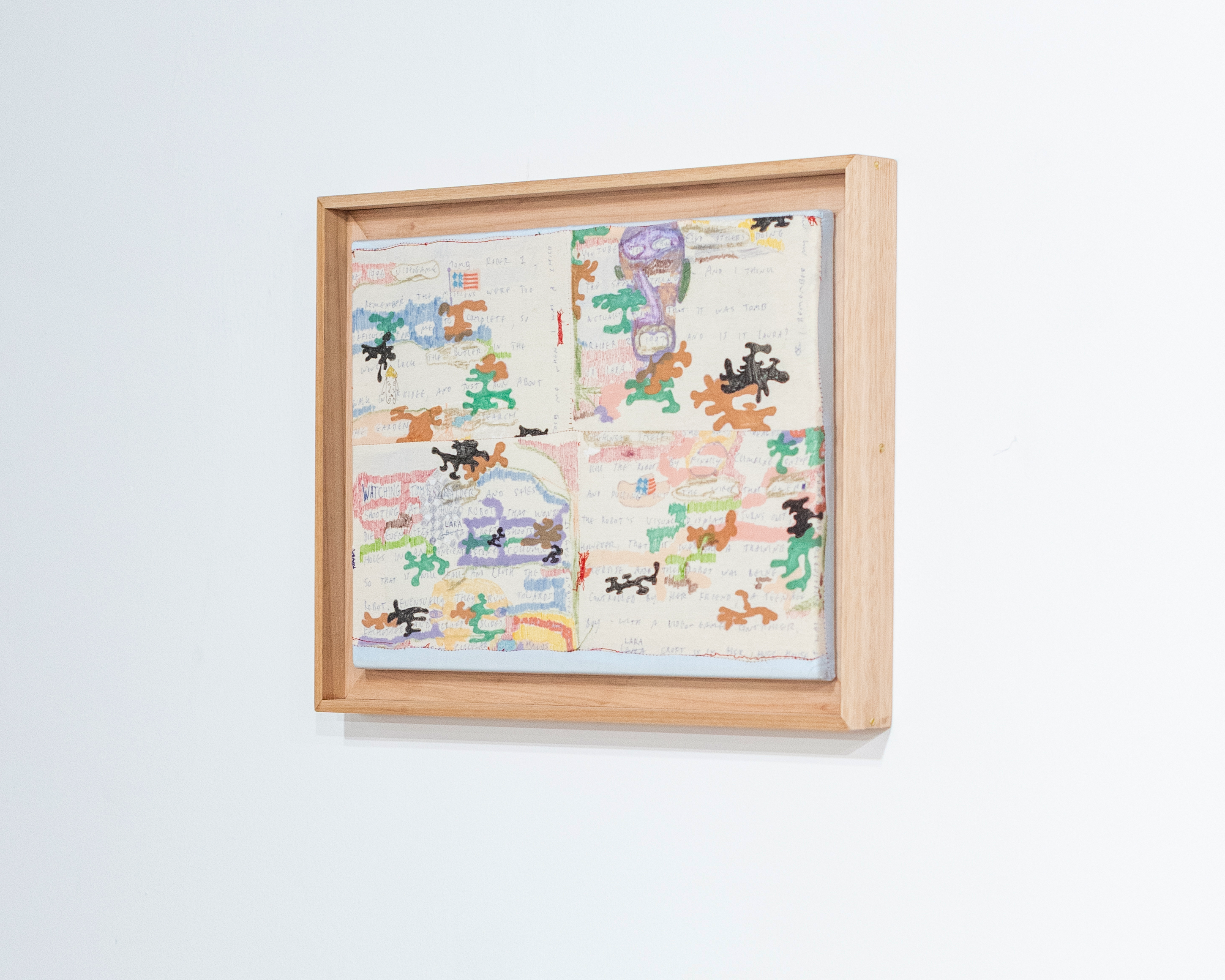 We Used To Put Alfred In The Freezer, 2024, biro and marker on cotton and calico, in meranti artist's frame, 30x40cm