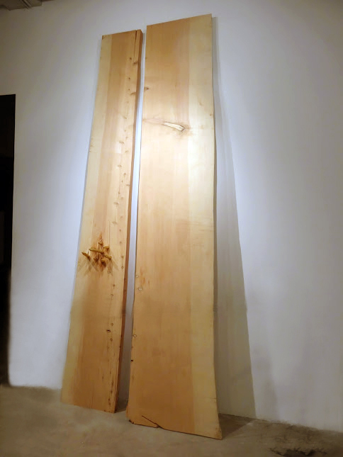 7/11 – TWO THOUSAND AND NINETY-FIVE MILESTHREE HUNDRED AND SIXTY POUNDS NINE HUNDRED AND TWENTY-FIVE BOARD FEETSEVEN HUNDRED AND EIGHTY-FOUR LINESTHREE CRACKSFORTY-NINE KNOTS OUTSIDEEIGHTEEN KNOTS INSIDEONE-INCH DIAMETER, SEVENTY-TWO INCHES OF BRASSSEVENTEEN POUNDSEIGHT GRAMS OF LEADONE DIVISION. Libocedrus decurrens (cedar), solid brass, margarine, one hand-cut division. 140 cm x 320 cm x 30 cm variable, 2013.