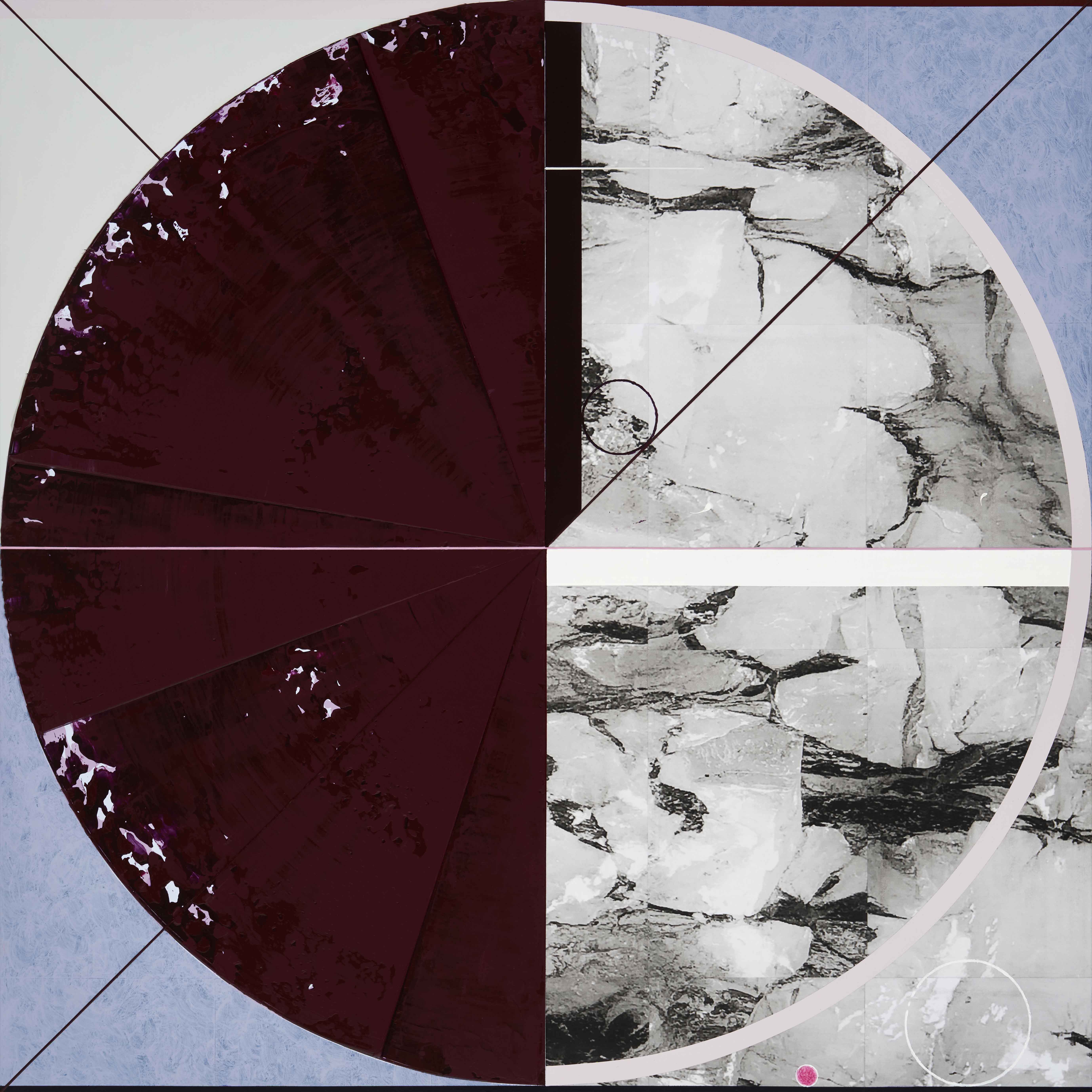 Mining a Ruby, 2023, acrylic and photo collage on canvas, 91 x 91 cm