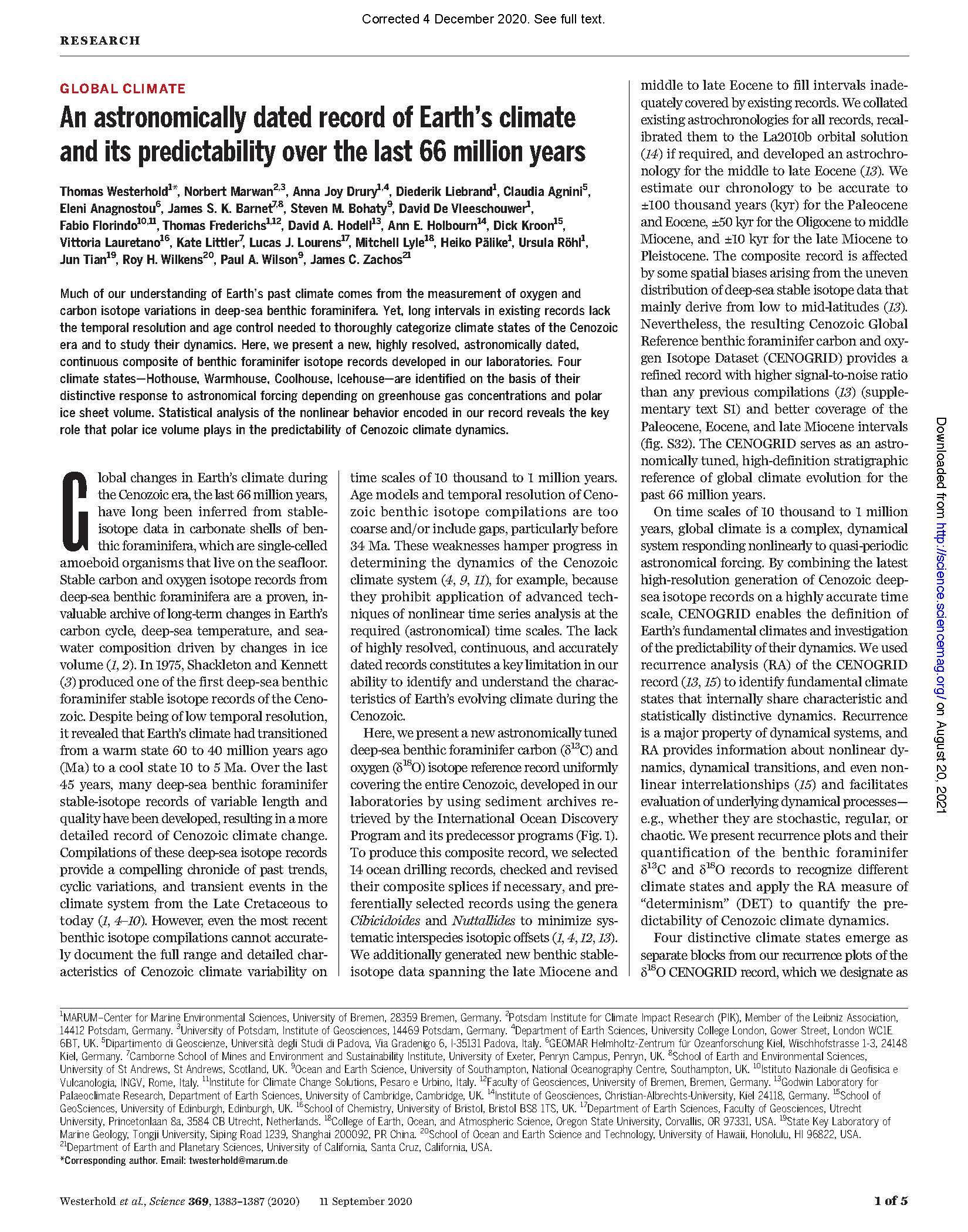 Westerhold, T. et al. An astronomically dated record of Earth’s climate and its predictability over the last 66 million years. Science 369, 1383–1388 (2020).