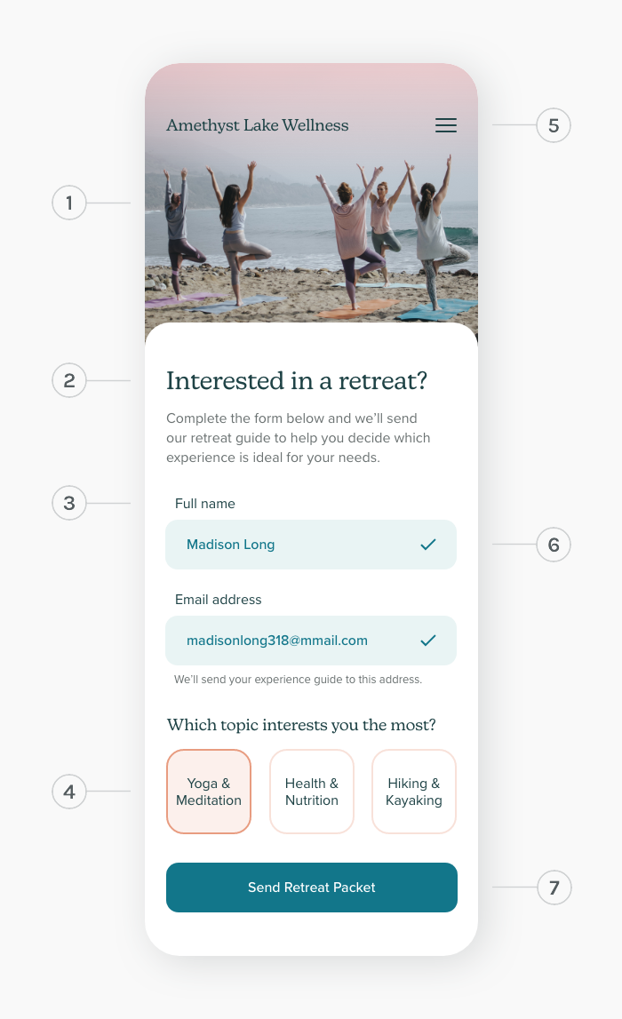 Sign up form with headline, name and email address inputs  and retreat focus buttons.