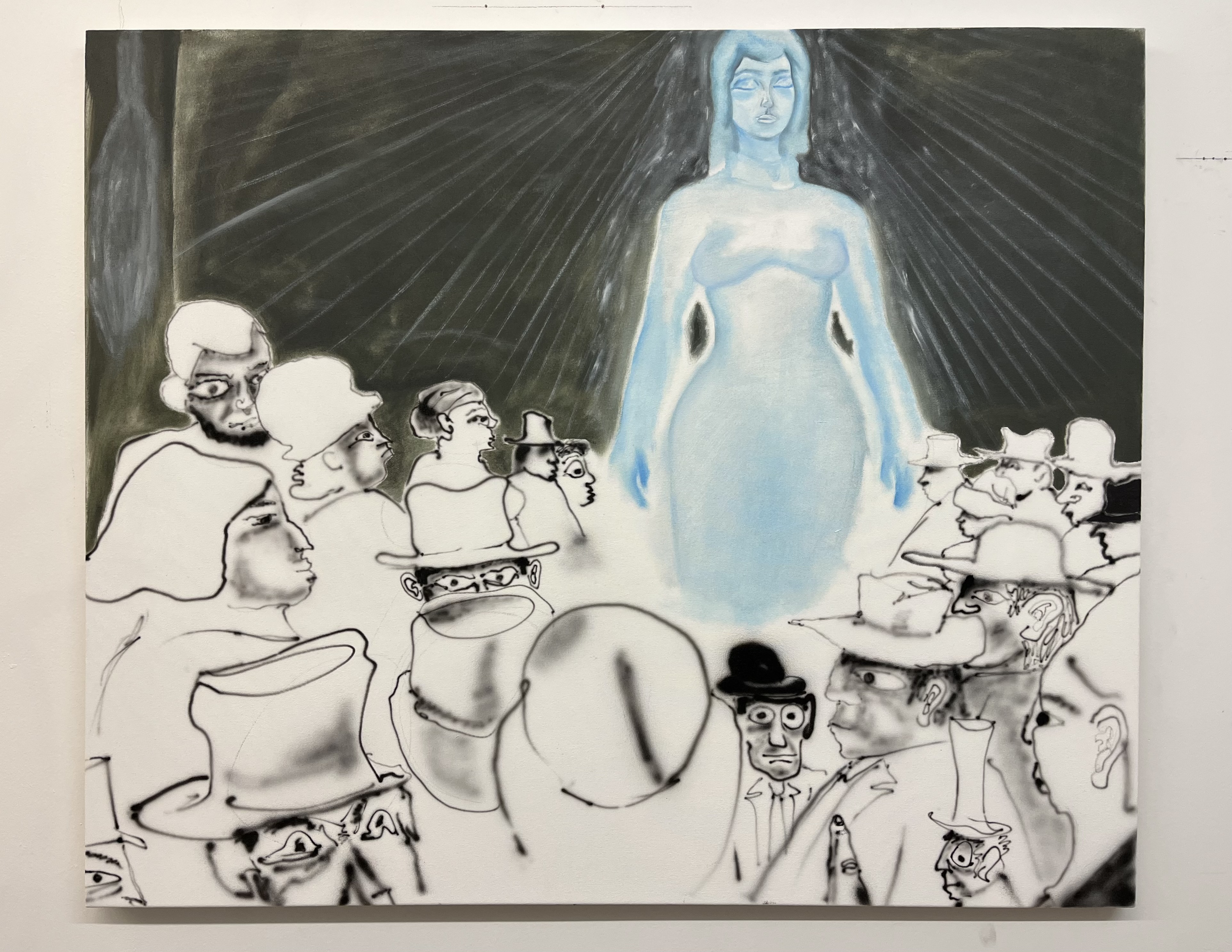 Virgin at selfridges, oil and acrylic on canvas, 30'' x 36'', 2025