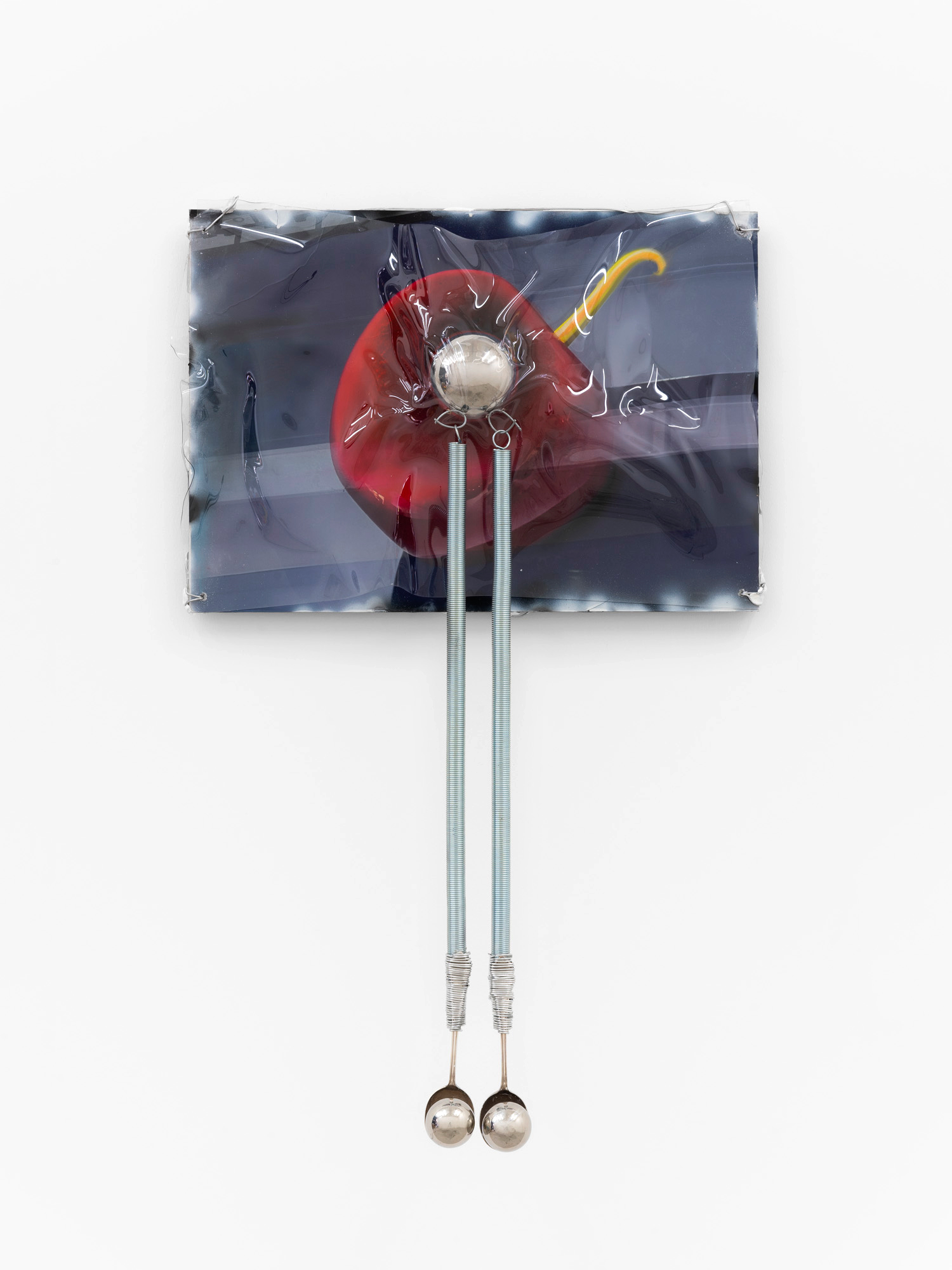 Swimmer 2023 61cm x 15cm x 102cm  (Soft pastel and Spray paint on photographic print mounted on aluminium, Heat-formed PETG plastic, Chrome plated steel, Steel Wire, Springs, Silver soup spoons, Epoxy putty.)