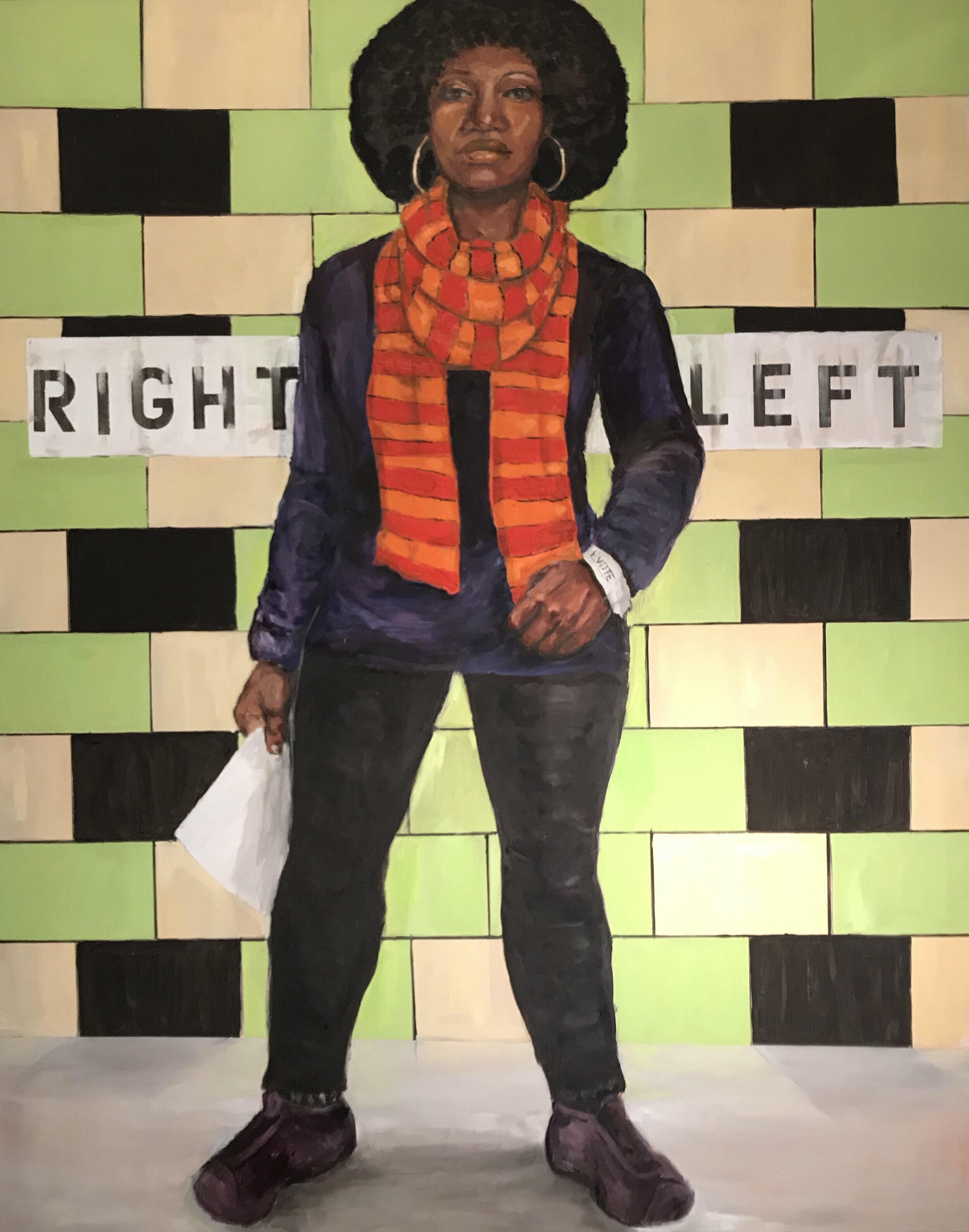 A portrait painting of a middle aged woman with medium a medium dark skin tone and a medium length dark afro hair, who is wearing a large orange and red scarf over a dark sweater and black jeans, standing with a hand on her hip and in the older holds a document to the side. She stands in front of a tiled or painted brick wall that is mostly alternating blacks, yellows, and greens, but also reads the words, “Right, Left.”
