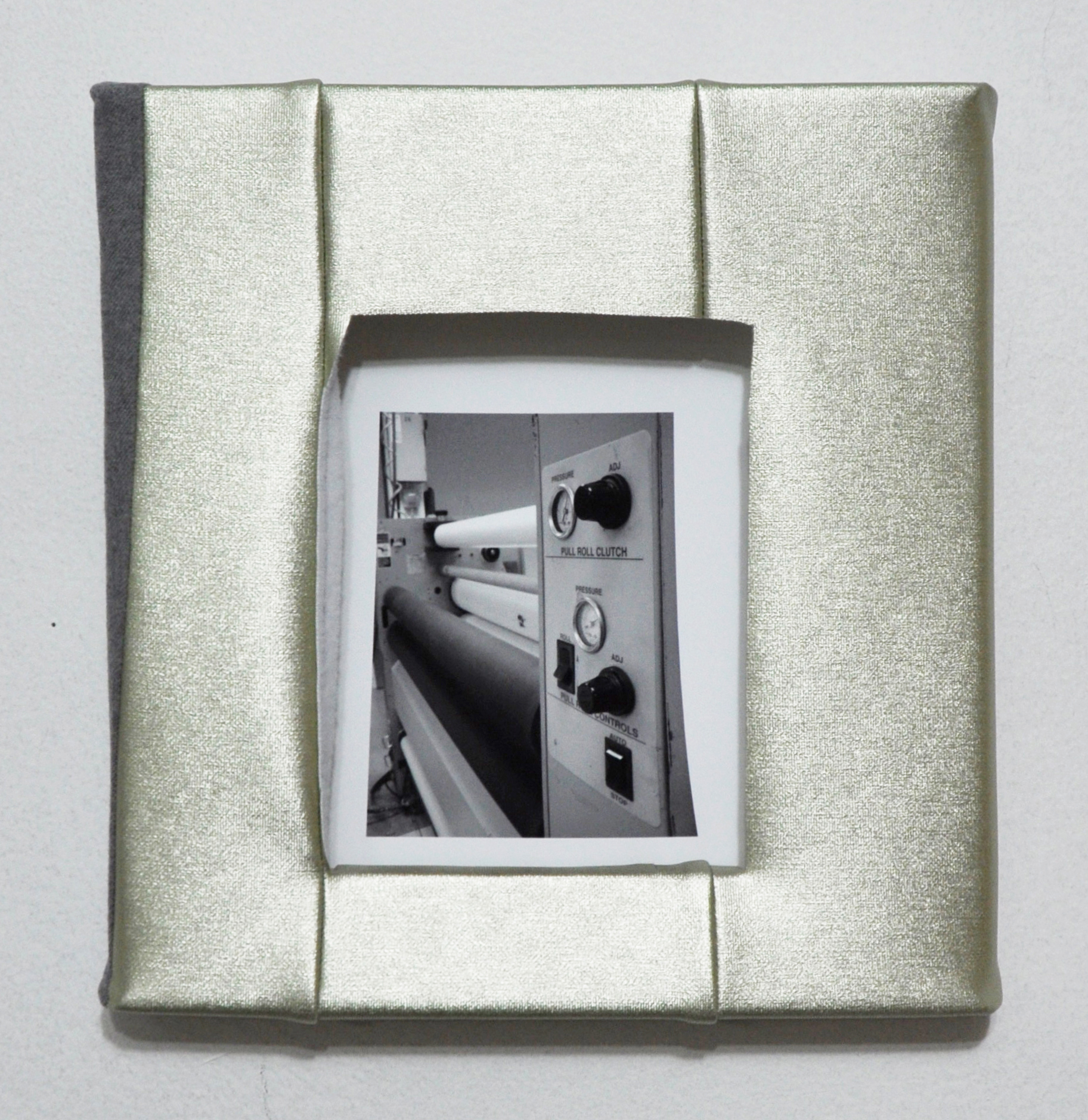 Rollers, mounted pigment print, wool, linen, and thread, 10 x 10 inches