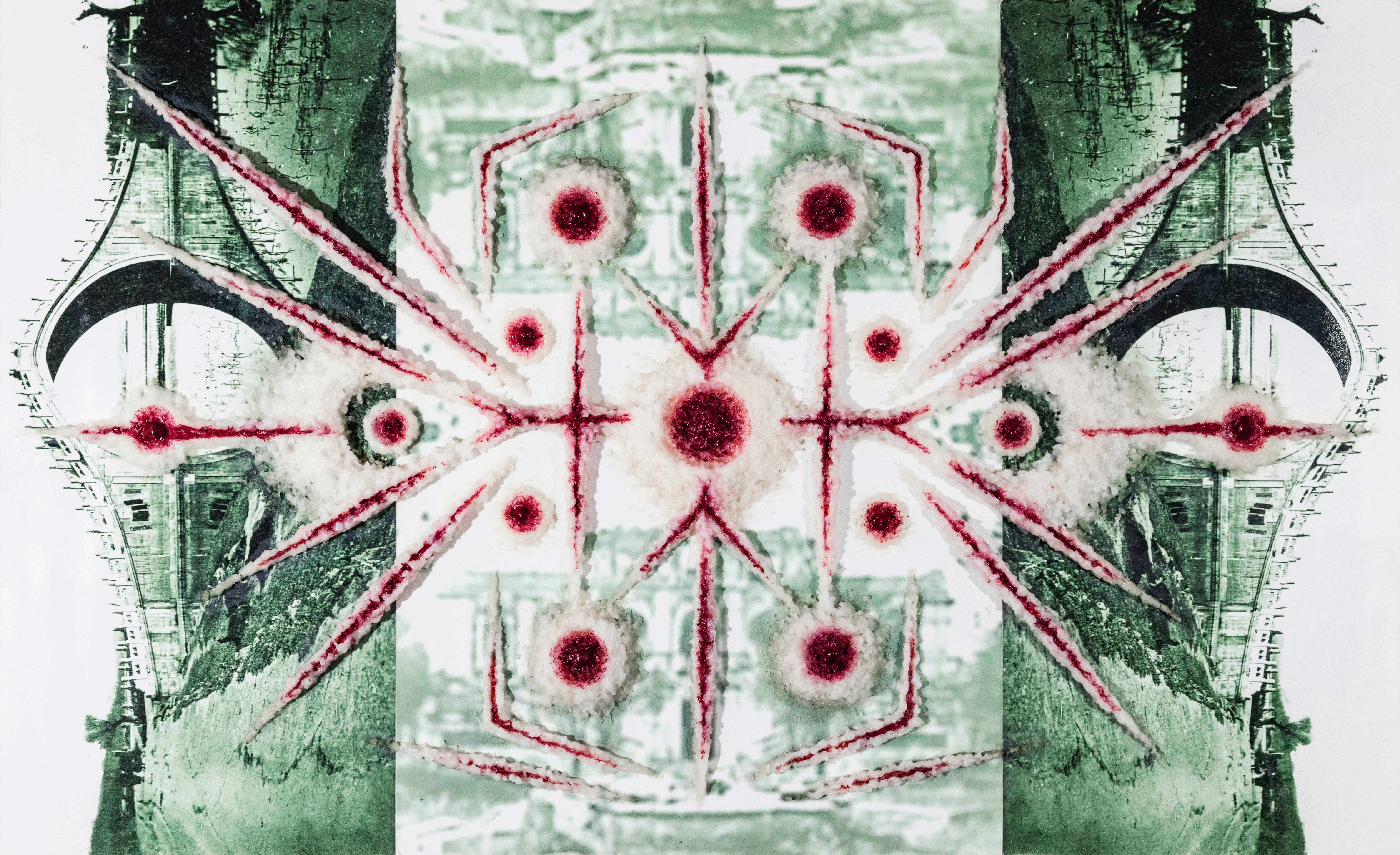 Wound Pattern #3. Photograph of Image Collage Overpainted with Rice and Ink. 55*33.5 cm. 2023.