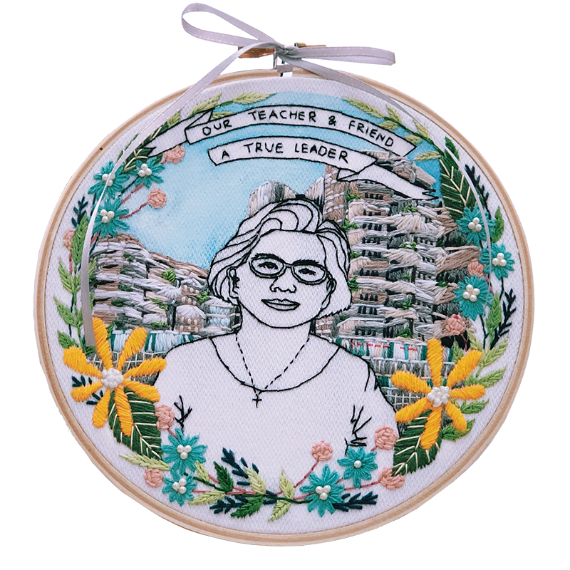Embroidered portrait illustration with customised background of specific location/place. Price ranges on complexity of image background.