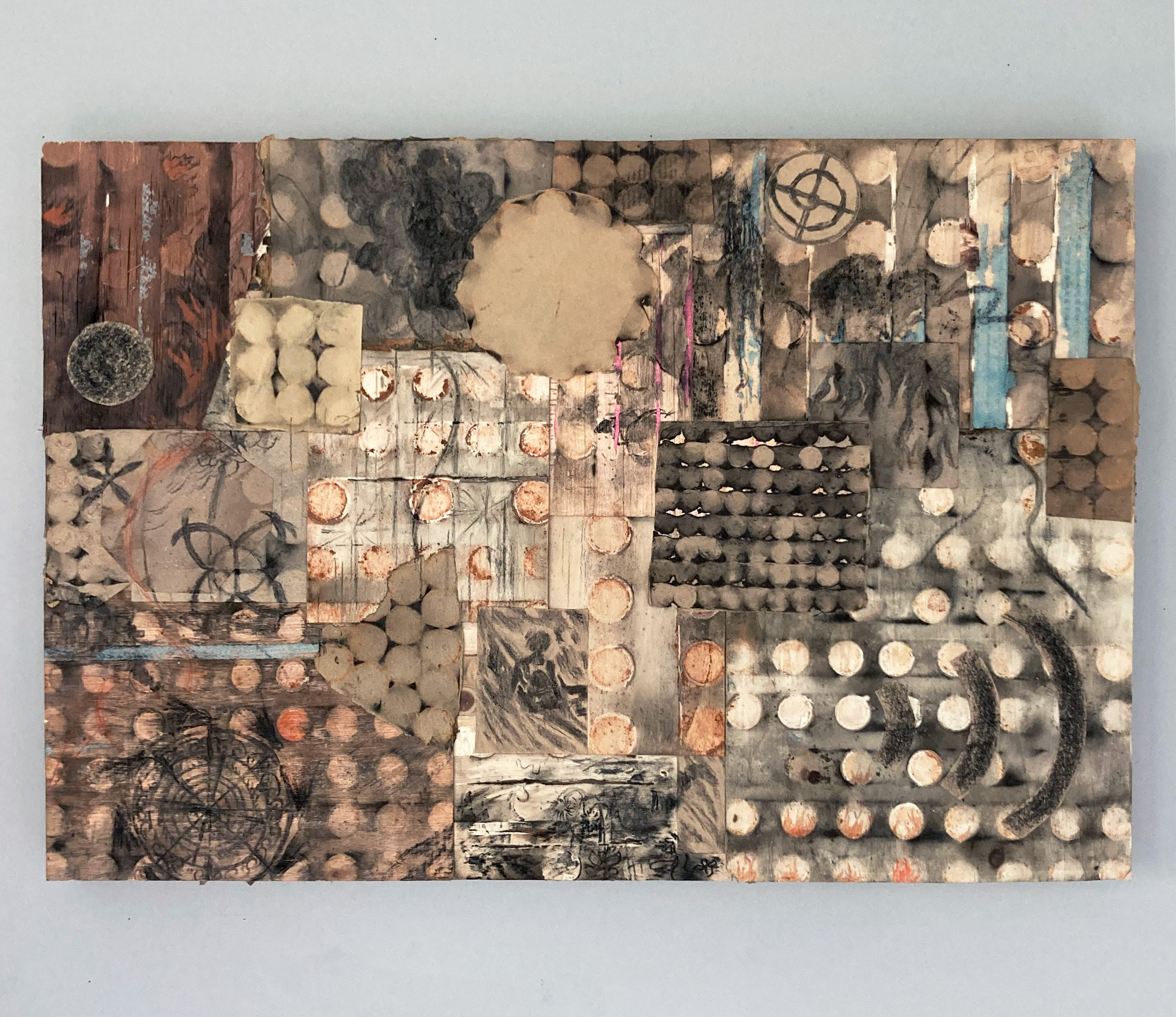 Up From The Skies, 2023, Found firework refuse, charcoal, chalk pastel, and graphite on panel, 32" x 22"
