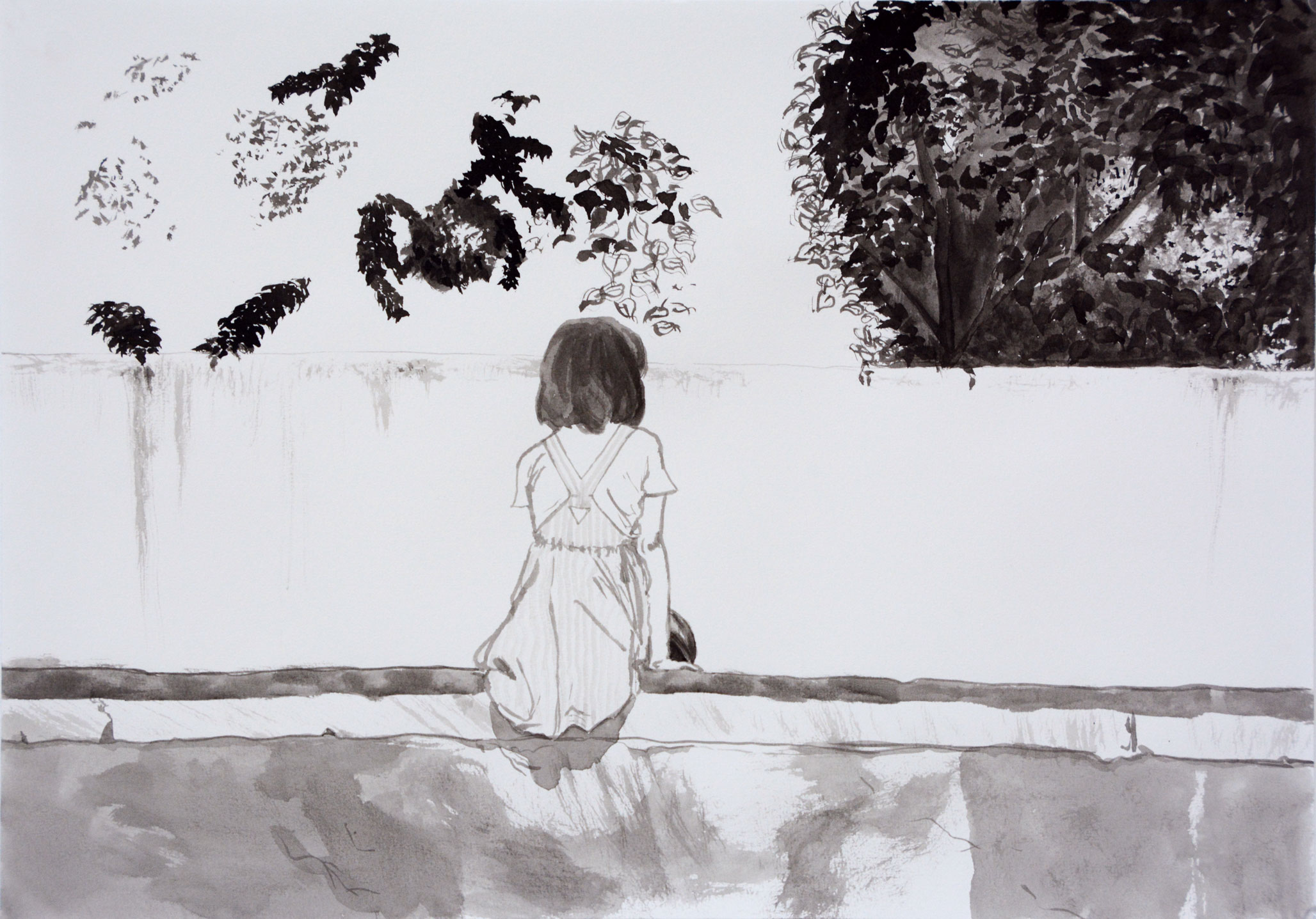 Drawing of a girl sitting on a wall with her back to you, waiting.